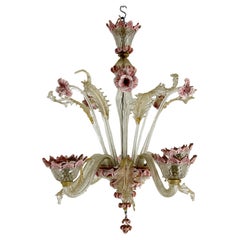 Vintage 5 arms handcrafted floral Murano glass chandelier with gold. Italy 1910s