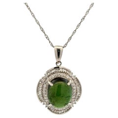 Vintage 5 Carat Cabochon Green Tourmaline and Diamond Platinum Pendant Necklace