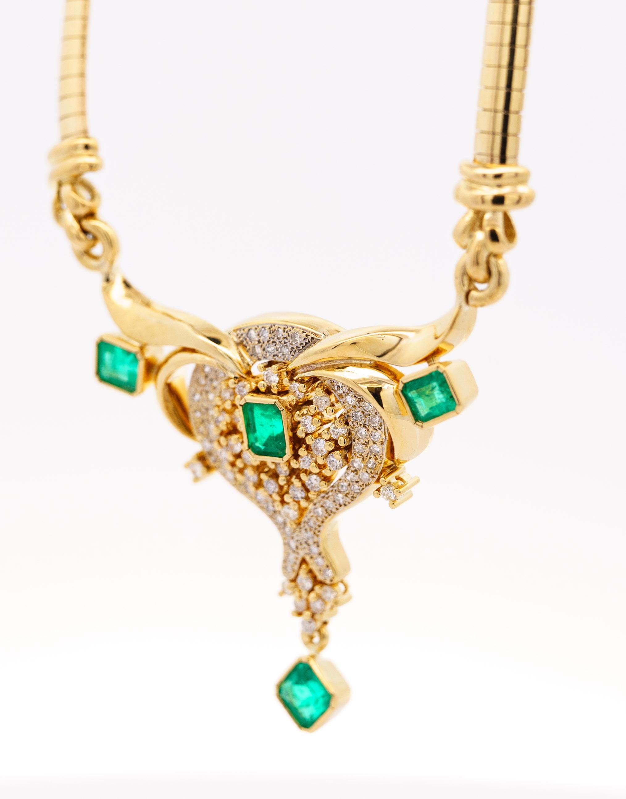 Women's Vintage 5 Carat Emerald & Diamond Necklace in 14K Yellow Gold For Sale
