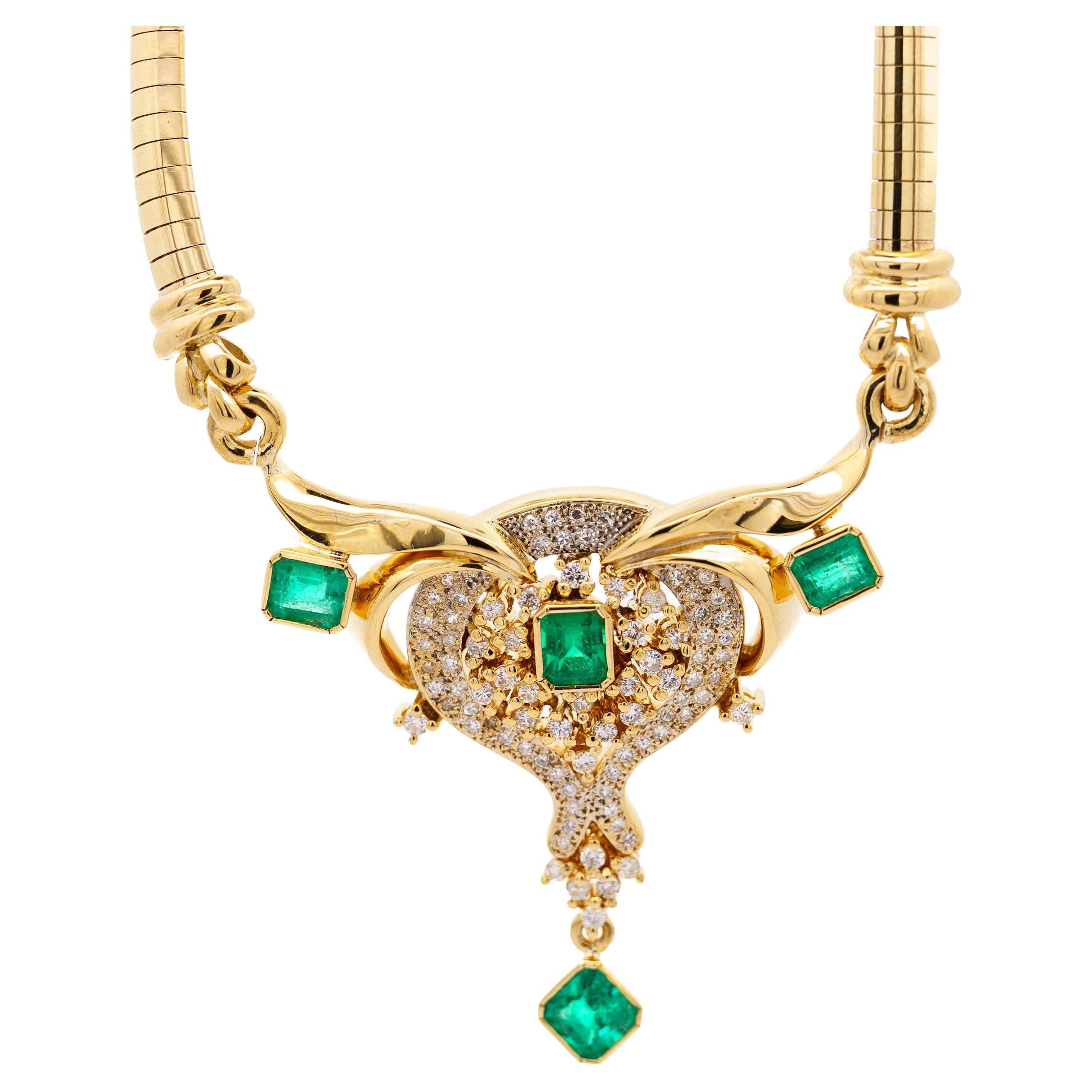 Vintage 5 Carat Emerald & Diamond Necklace in 14K Yellow Gold For Sale