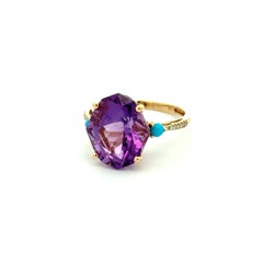 Vintage 5 Carat Fancy Cut Amethyst Turquoise and Diamond Gold Ring