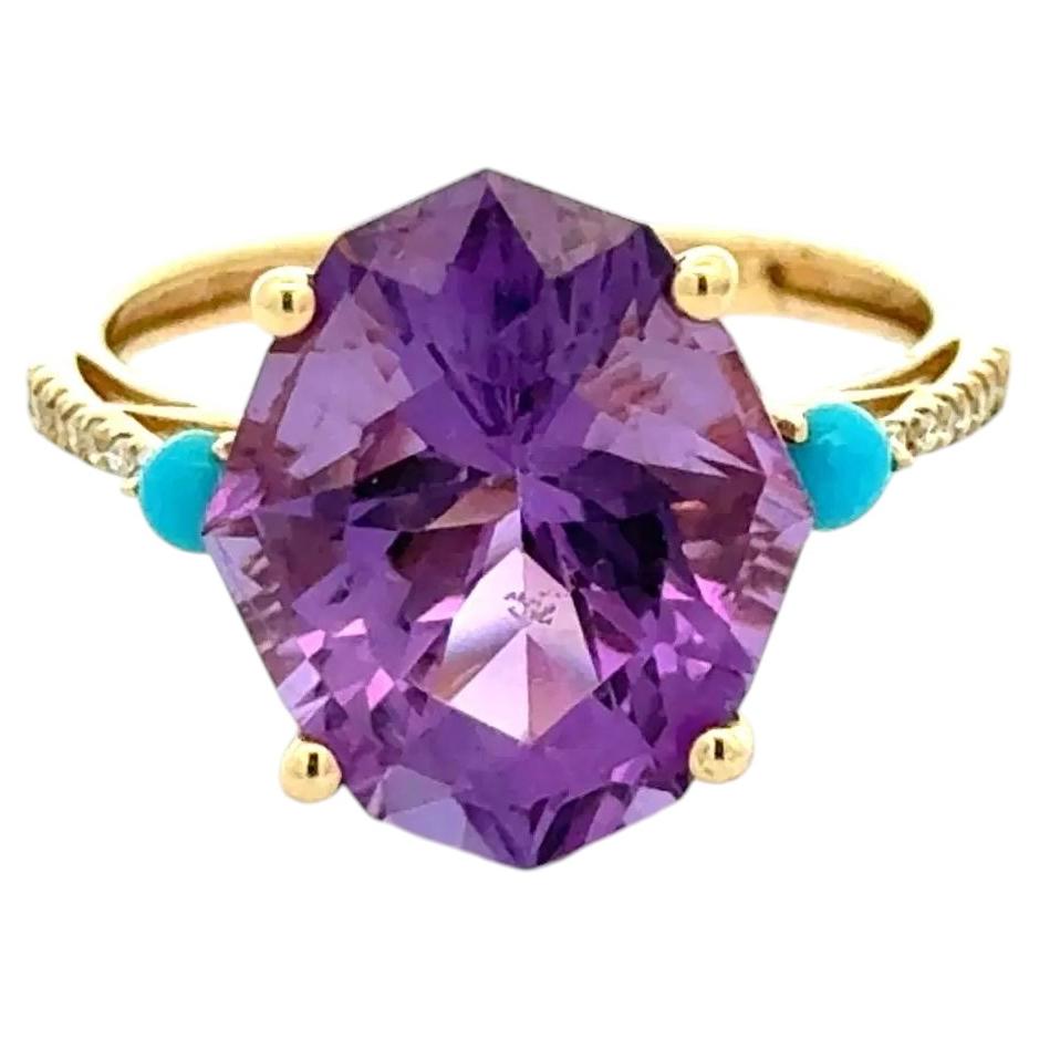 Vintage 5 Carat Fancy Cut Amethyst Turquoise and Diamond Gold Ring