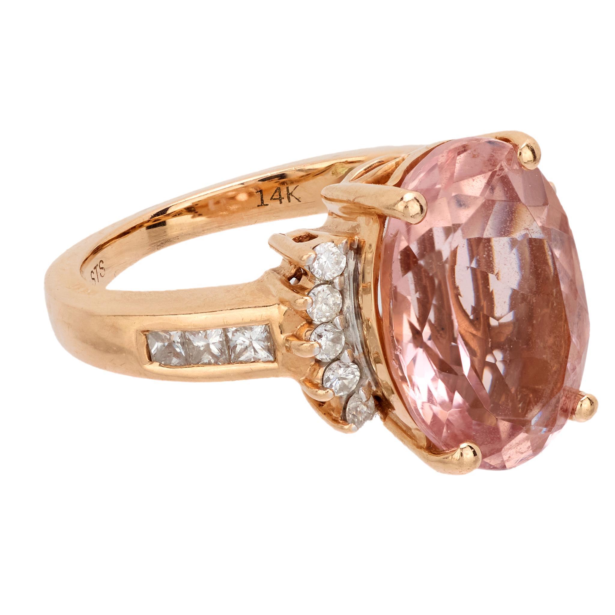 Modern Vintage 5 carat morganite diamond 14k rose gold cocktail ring For Sale