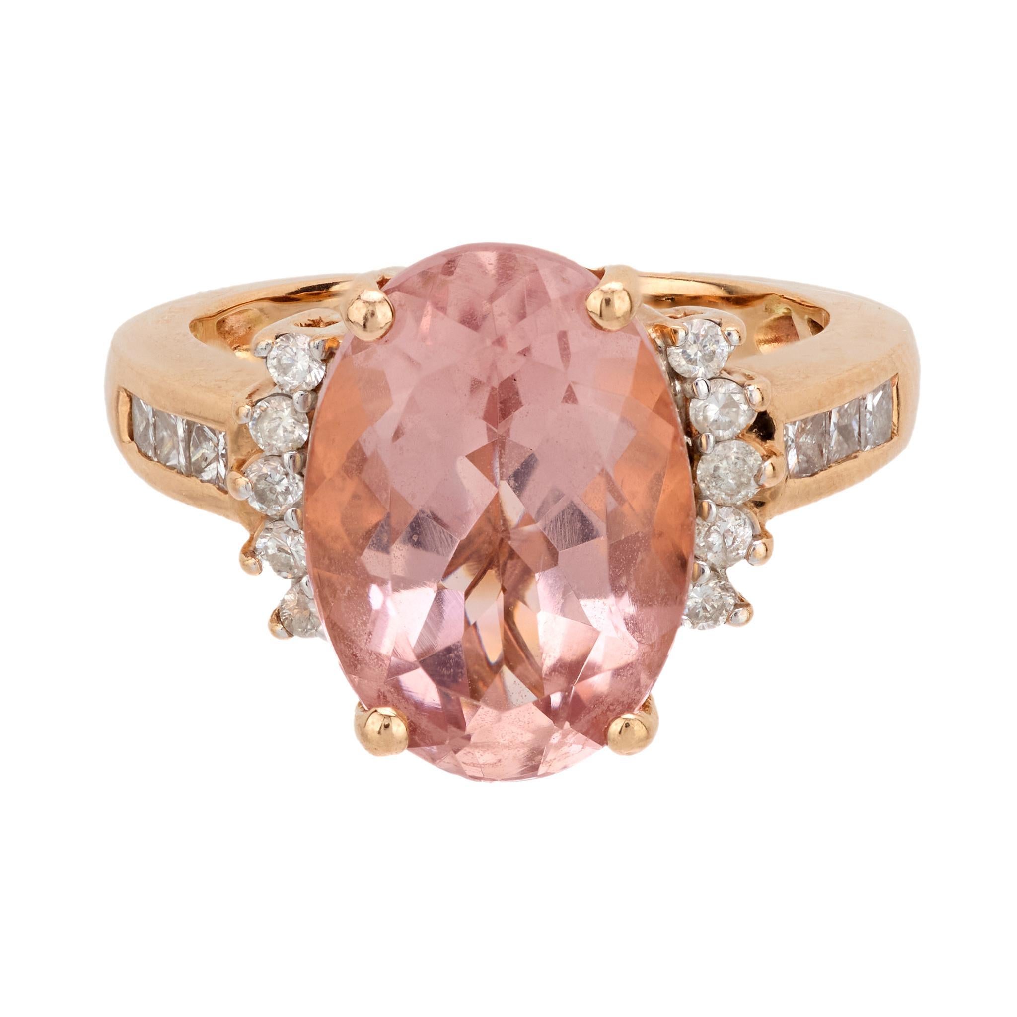 Oval Cut Vintage 5 carat morganite diamond 14k rose gold cocktail ring For Sale