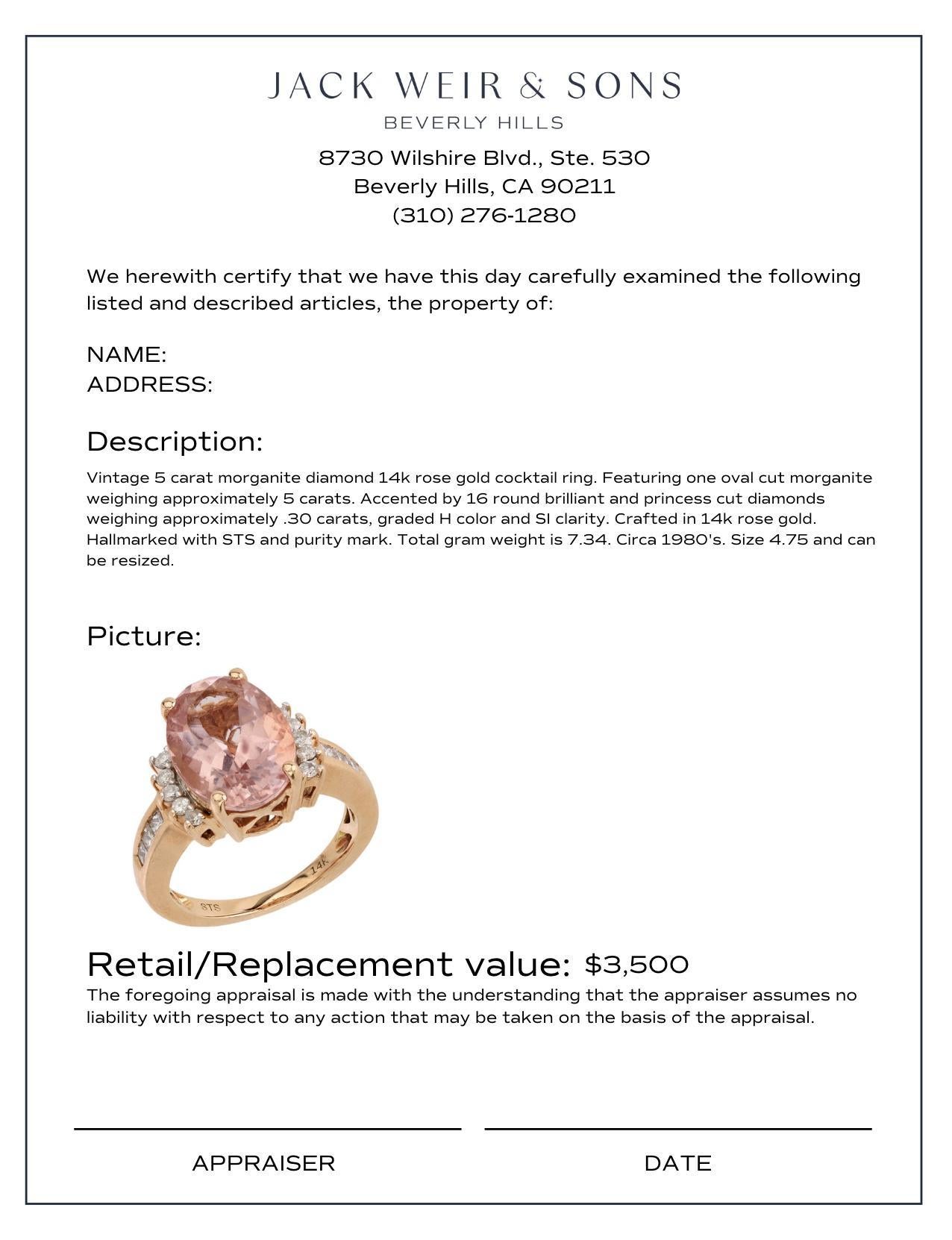 Vintage 5 carat morganite diamond 14k rose gold cocktail ring In Good Condition For Sale In Beverly Hills, CA