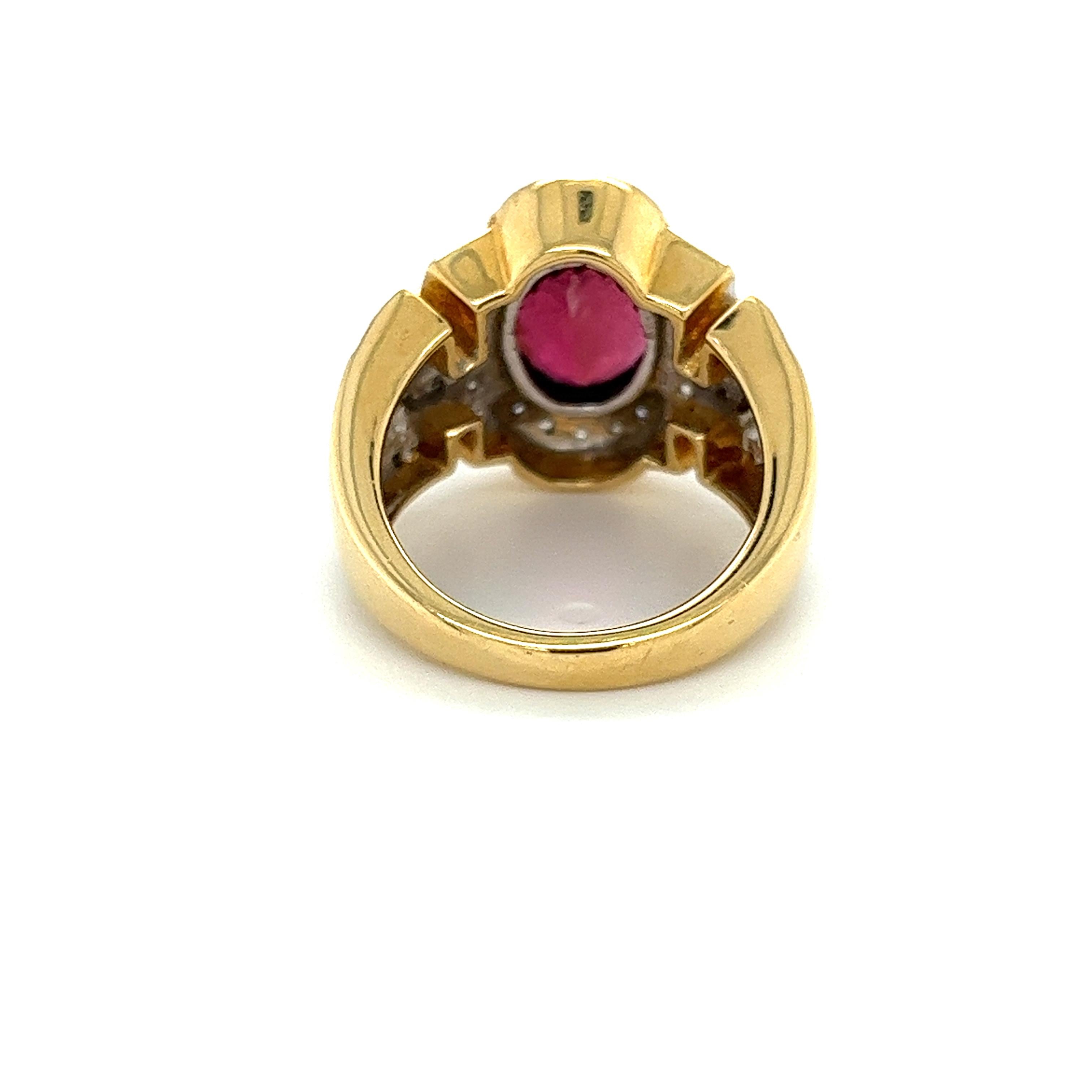 Art Deco Vintage 5 Carat Oval Cut Red Tourmaline & Diamond Ring in 18K Gold For Sale