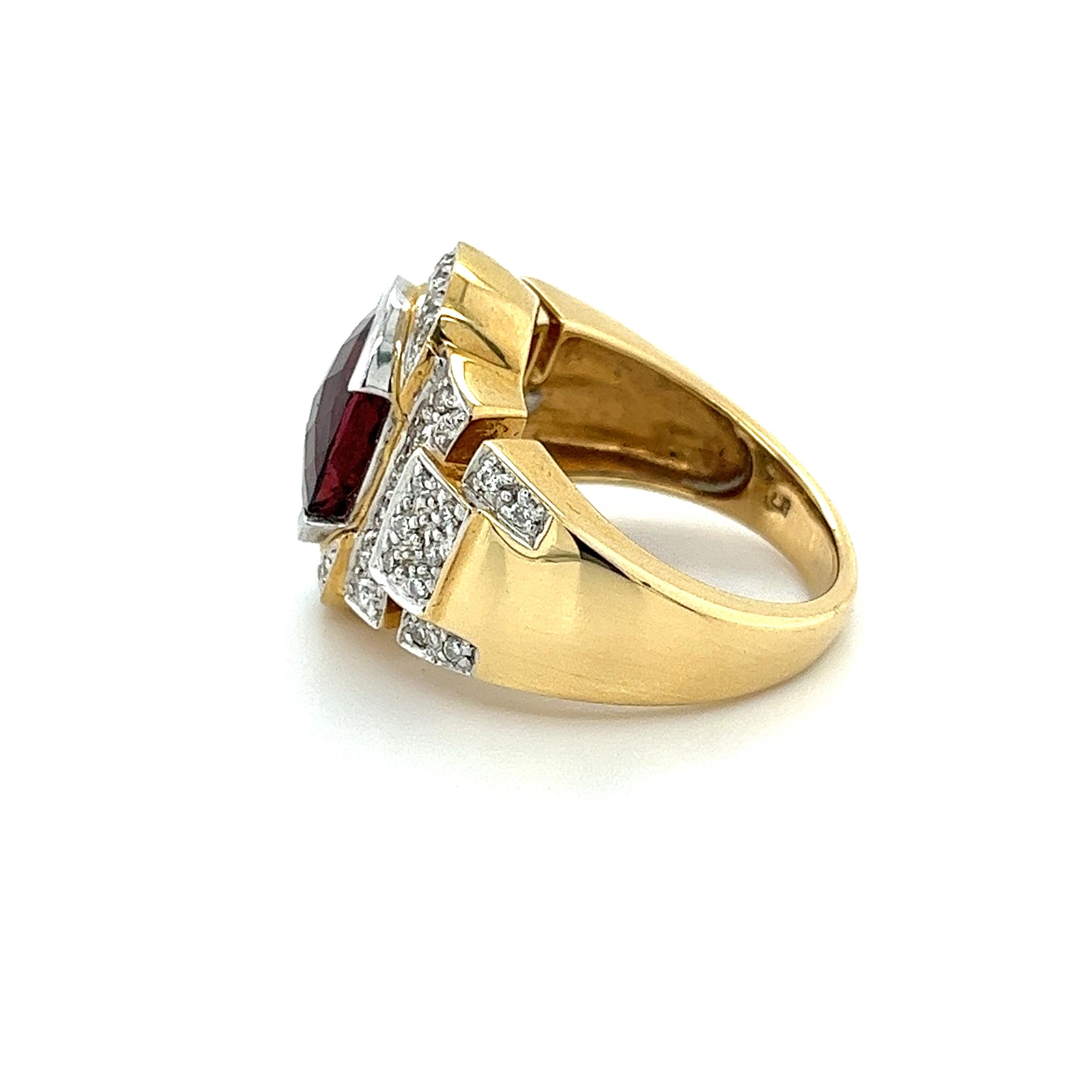 Vintage 5 Carat Oval Cut Red Tourmaline & Diamond Ring in 18K Gold In Excellent Condition For Sale In Miami, FL