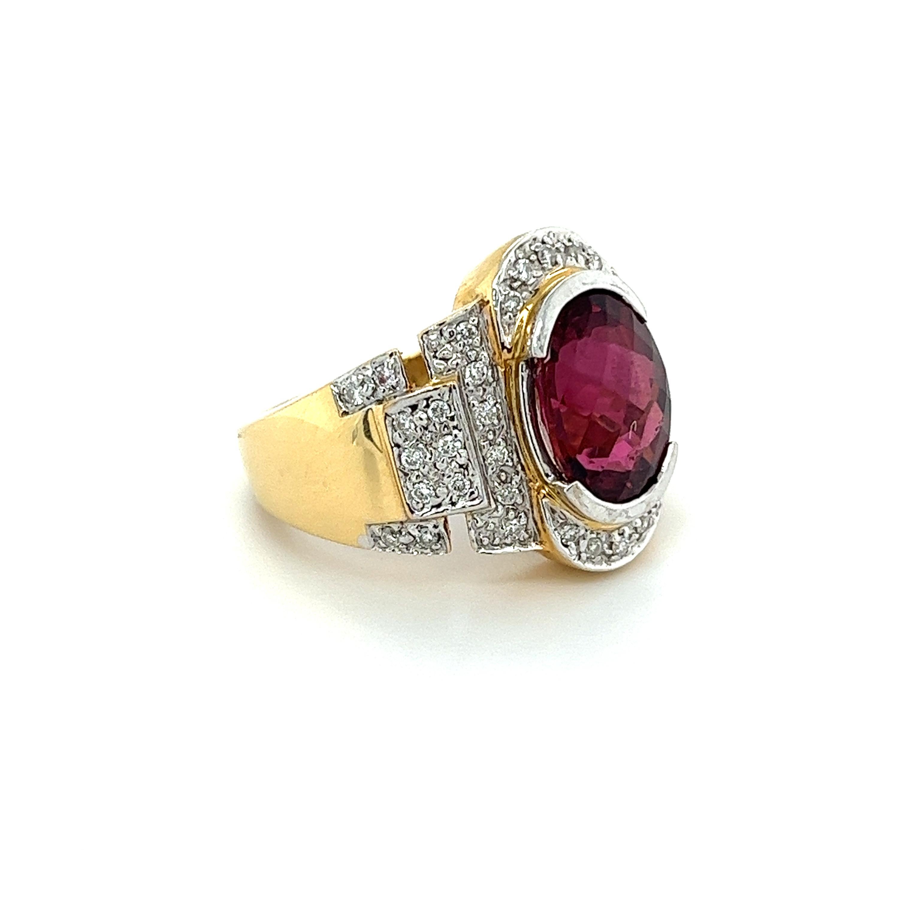 Women's Vintage 5 Carat Oval Cut Red Tourmaline & Diamond Ring in 18K Gold For Sale