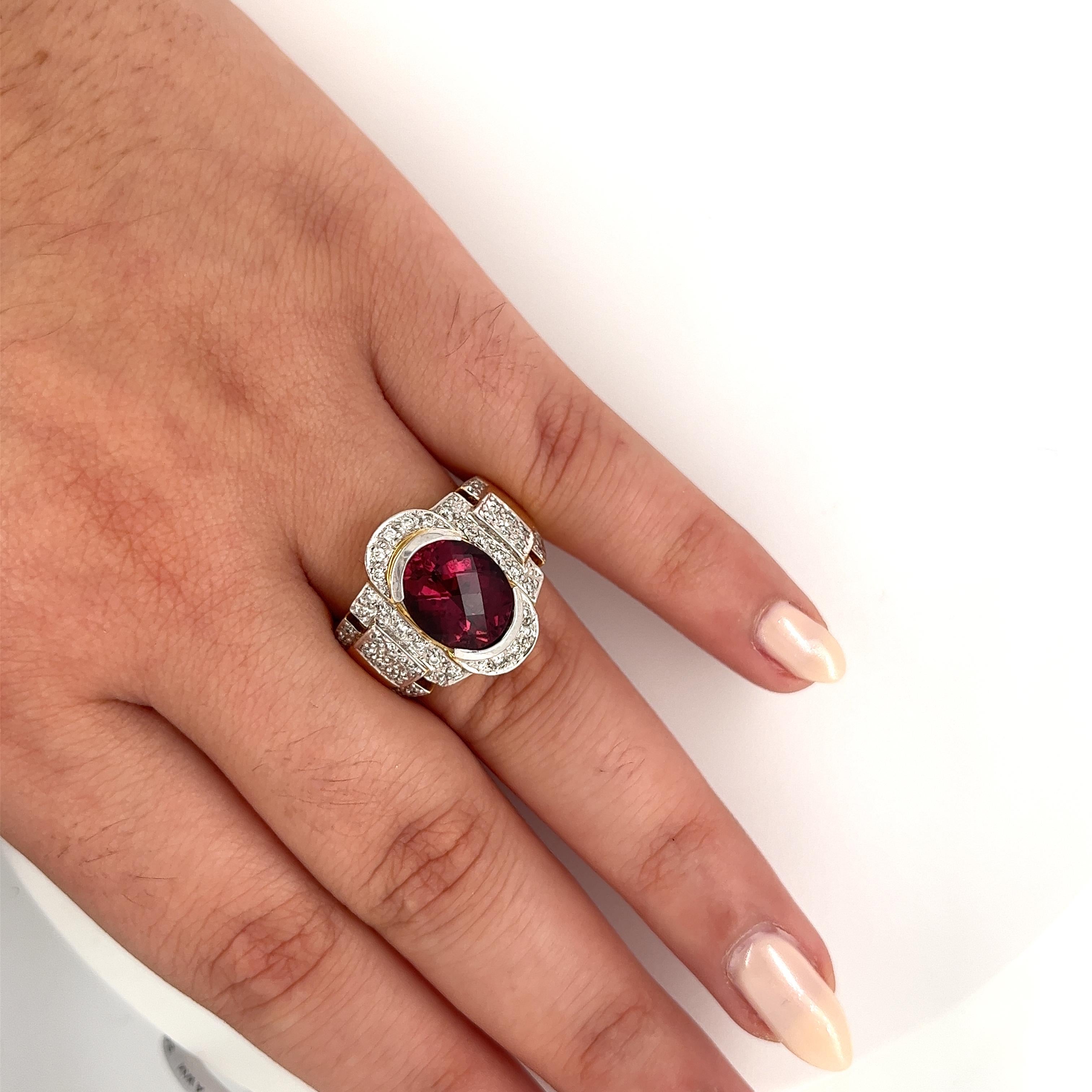 Vintage 5 Carat Oval Cut Red Tourmaline & Diamond Ring in 18K Gold For Sale 1