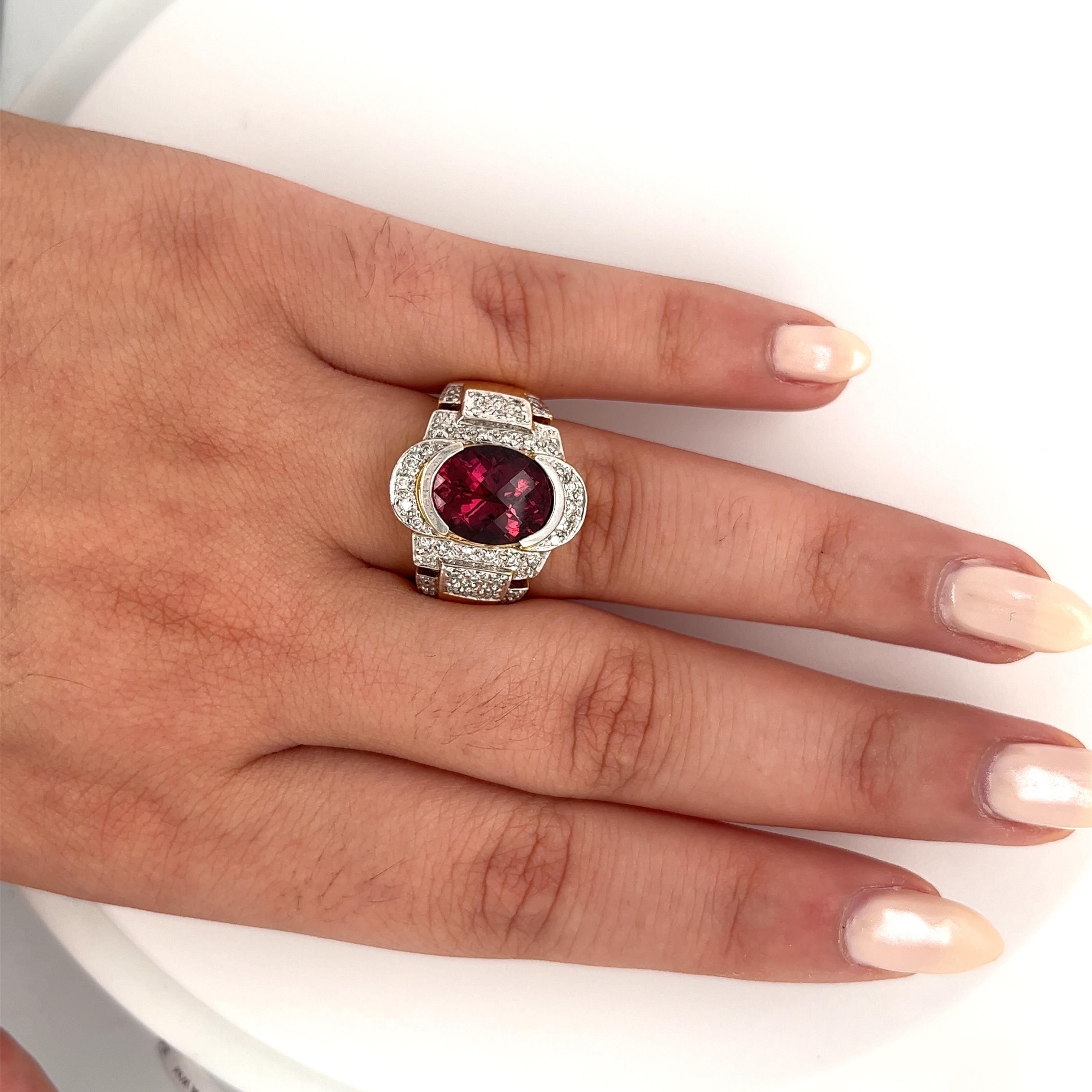 Vintage 5 Carat Oval Cut Red Tourmaline & Diamond Ring in 18K Gold For Sale 2