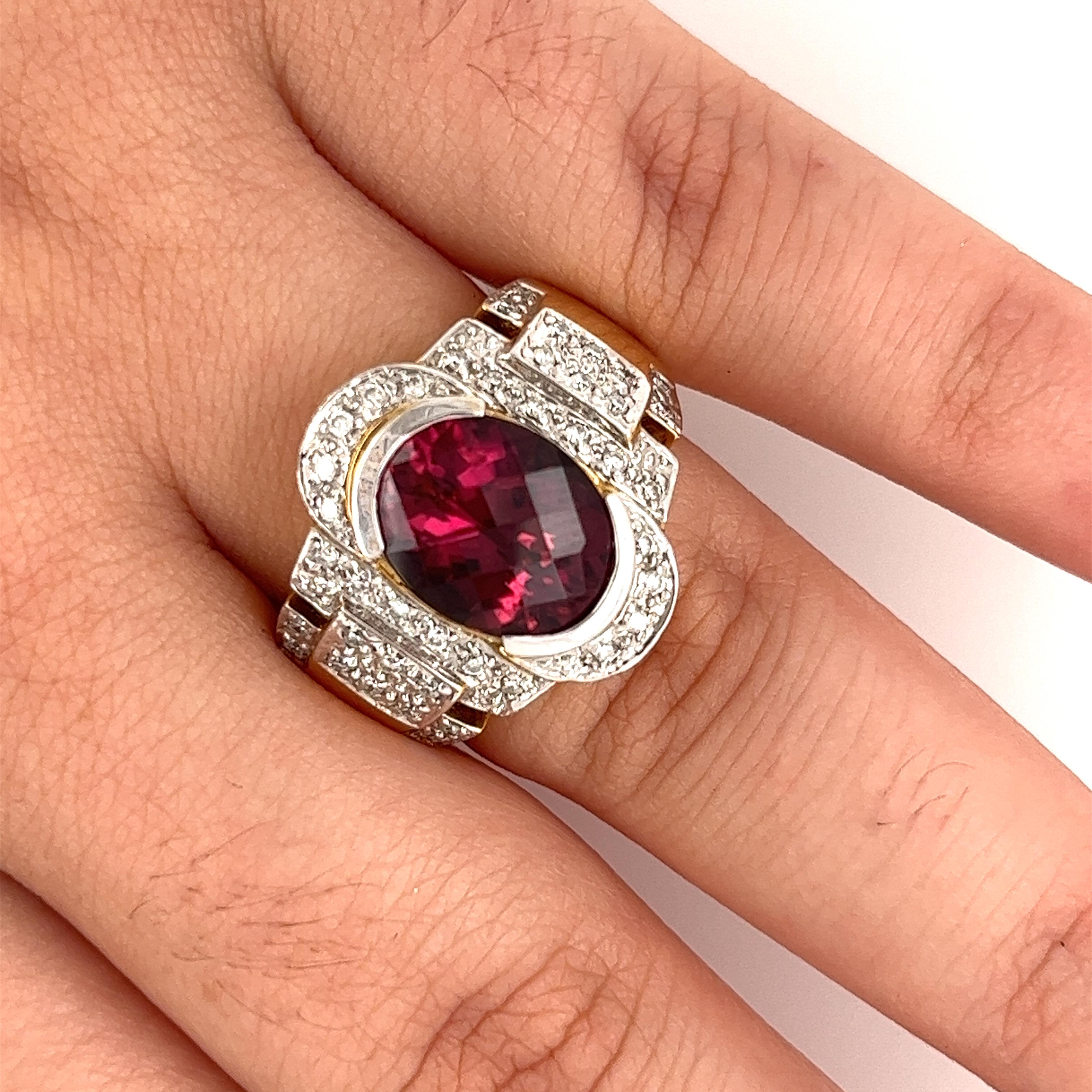 Vintage 5 Carat Oval Cut Red Tourmaline & Diamond Ring in 18K Gold For Sale 3