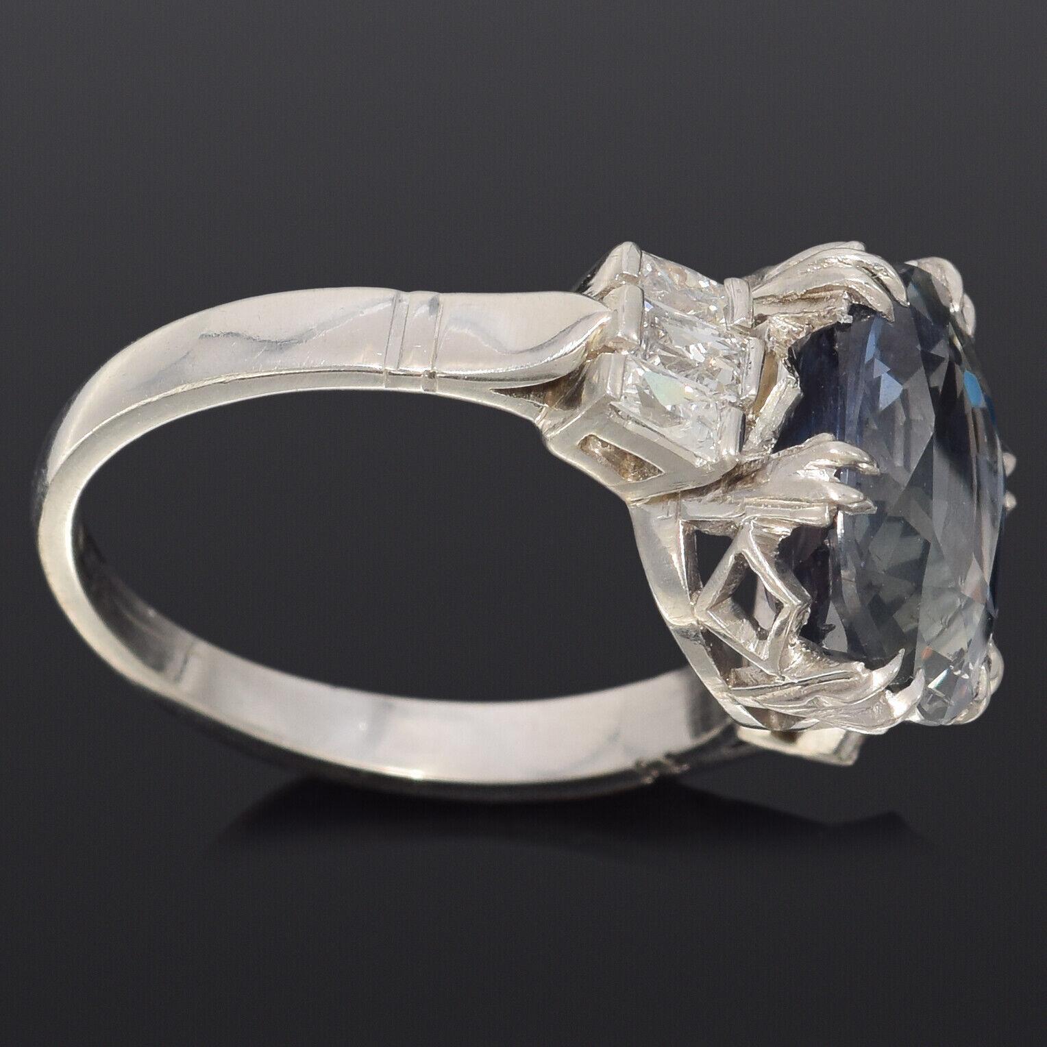 Vintage 5 Ct GIA No Heat Color Change Sapphire French Cut Diamond Platinum Ring In Good Condition In New York, NY