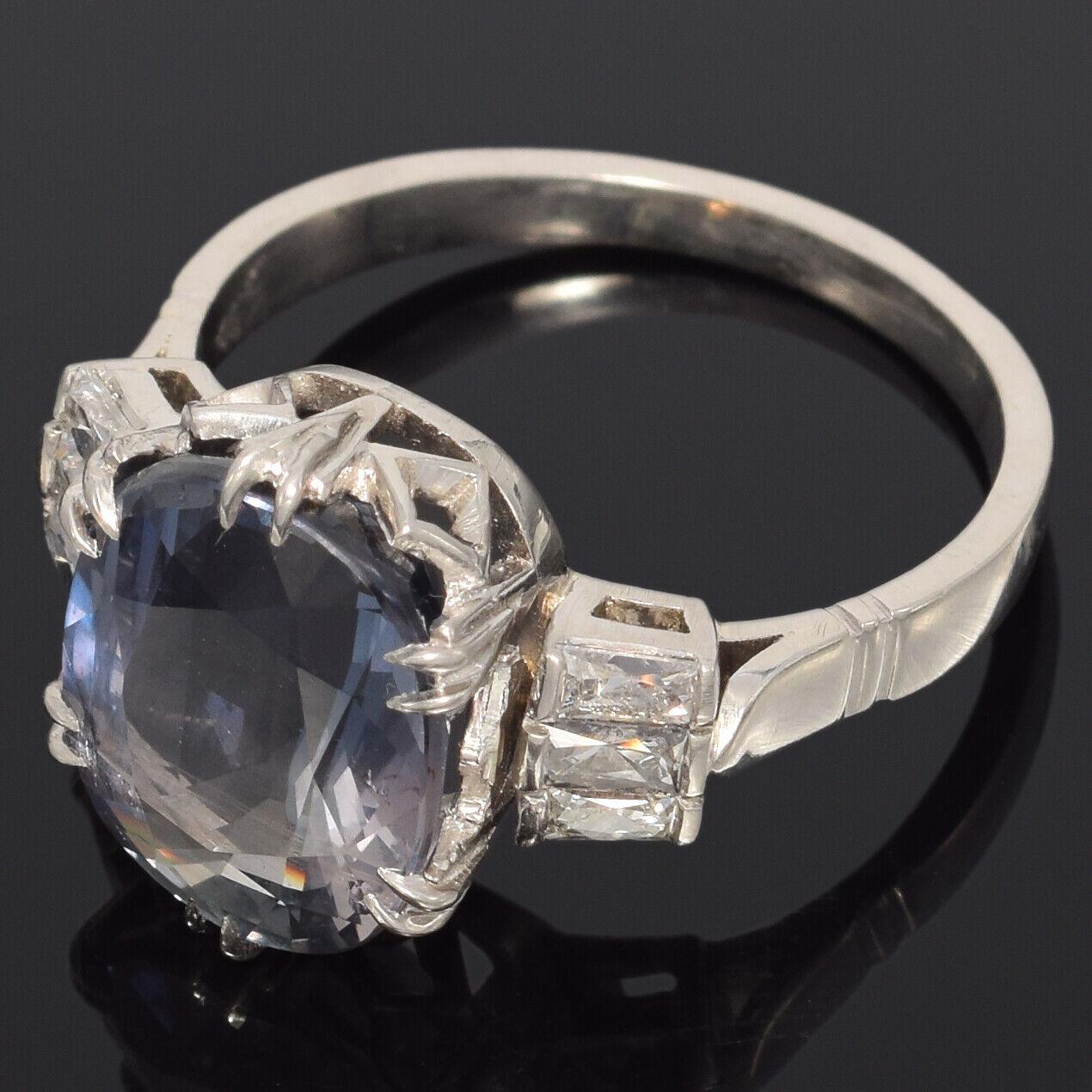 Women's Vintage 5 Ct GIA No Heat Color Change Sapphire French Cut Diamond Platinum Ring