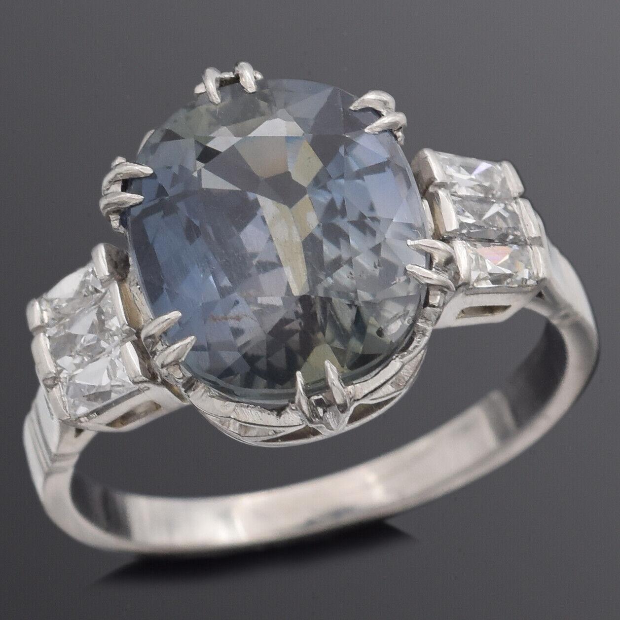 Vintage 5 Ct GIA No Heat Color Change Sapphire French Cut Diamond Platinum Ring 3