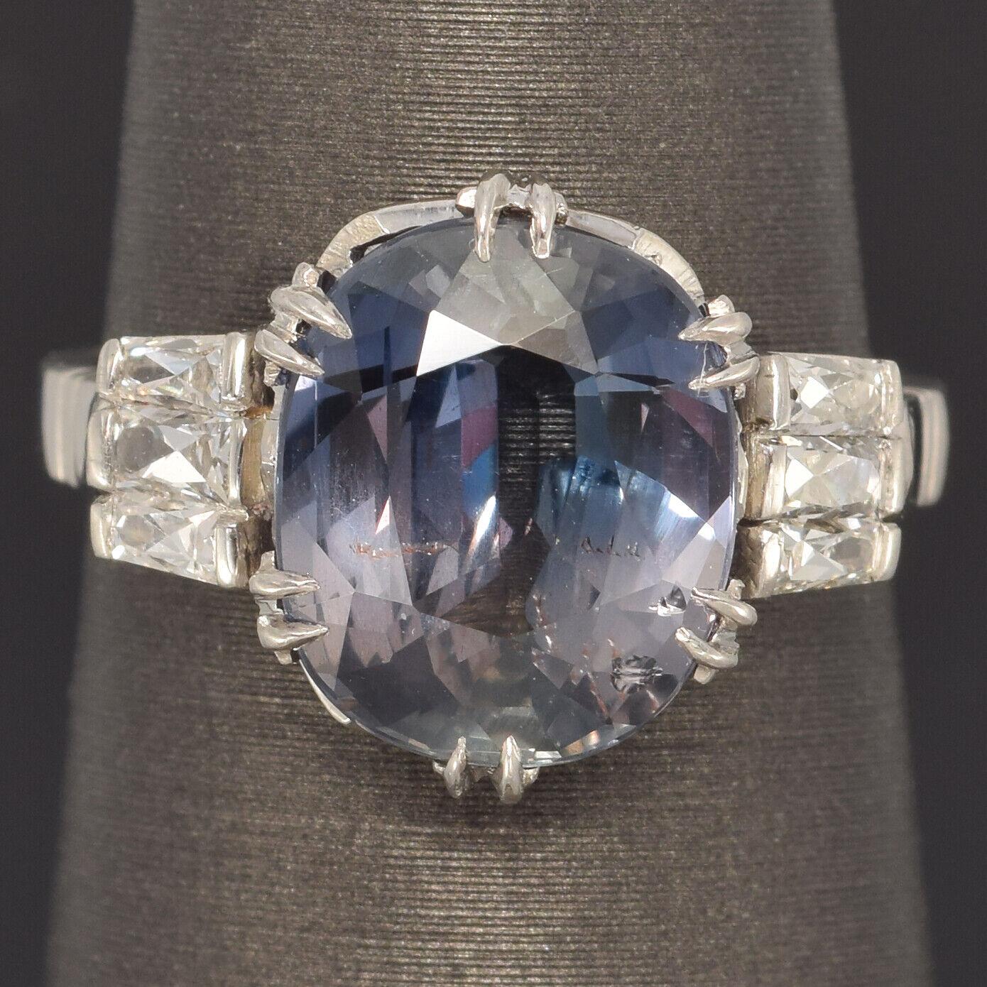 Vintage 5 Ct GIA No Heat Color Change Sapphire French Cut Diamond Platinum Ring 4