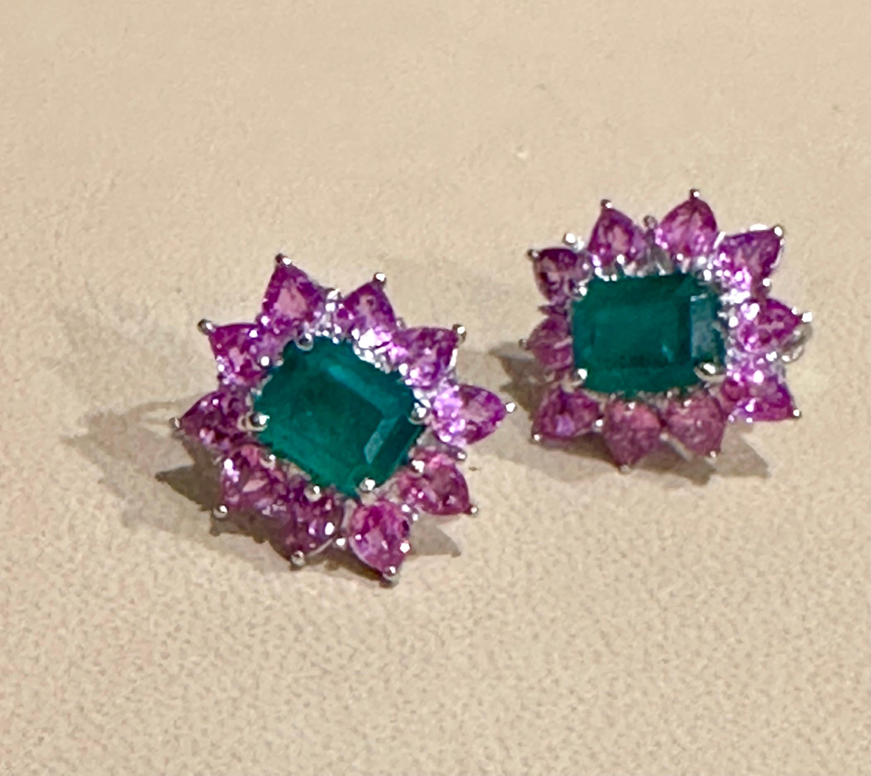 Vintage 5 Ct Natural Emerald Cut Emerald & Pink Sapphire Earrings Platinum In Excellent Condition In New York, NY