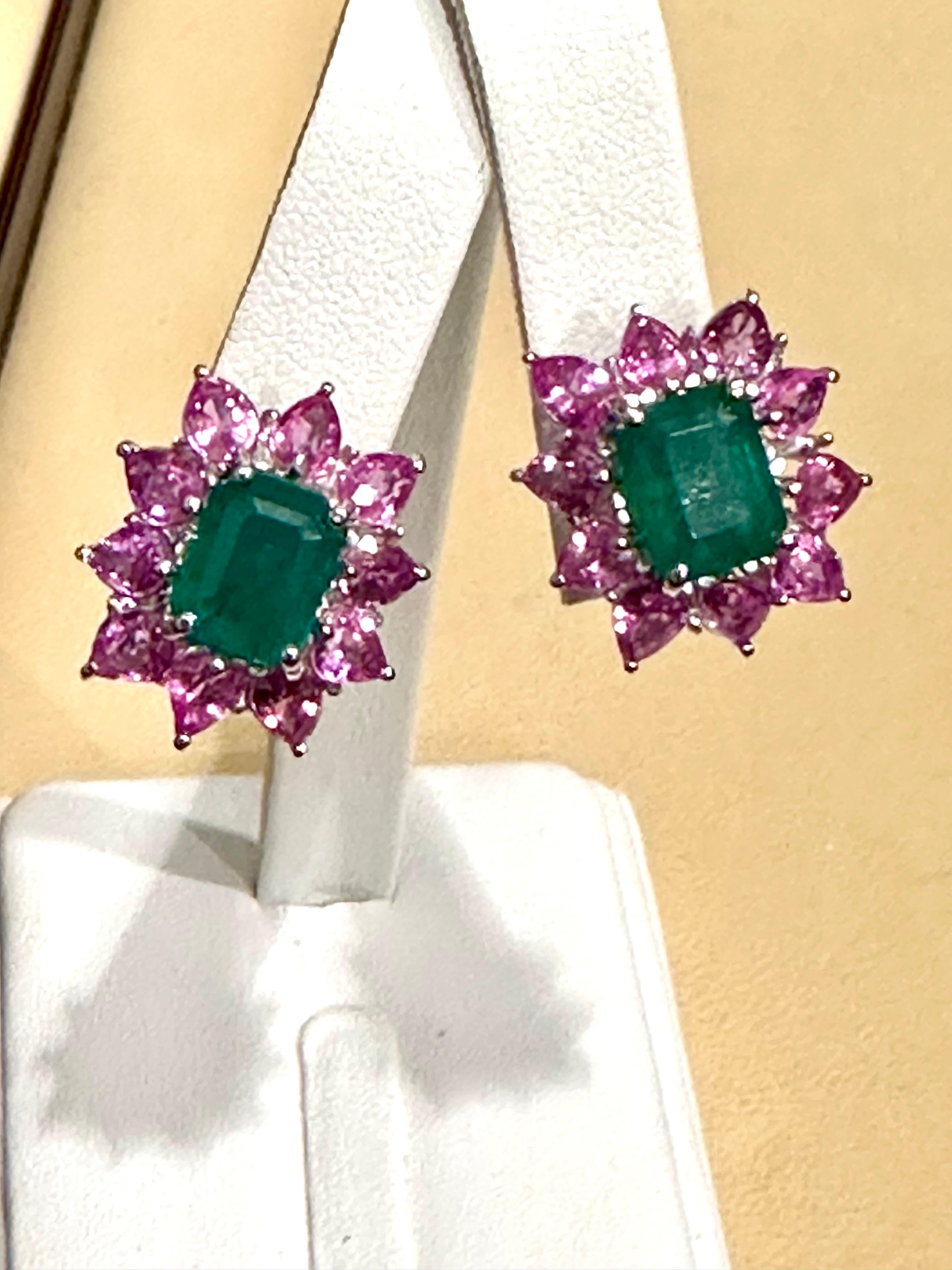 Women's Vintage 5 Ct Natural Emerald Cut Emerald & Pink Sapphire Earrings Platinum