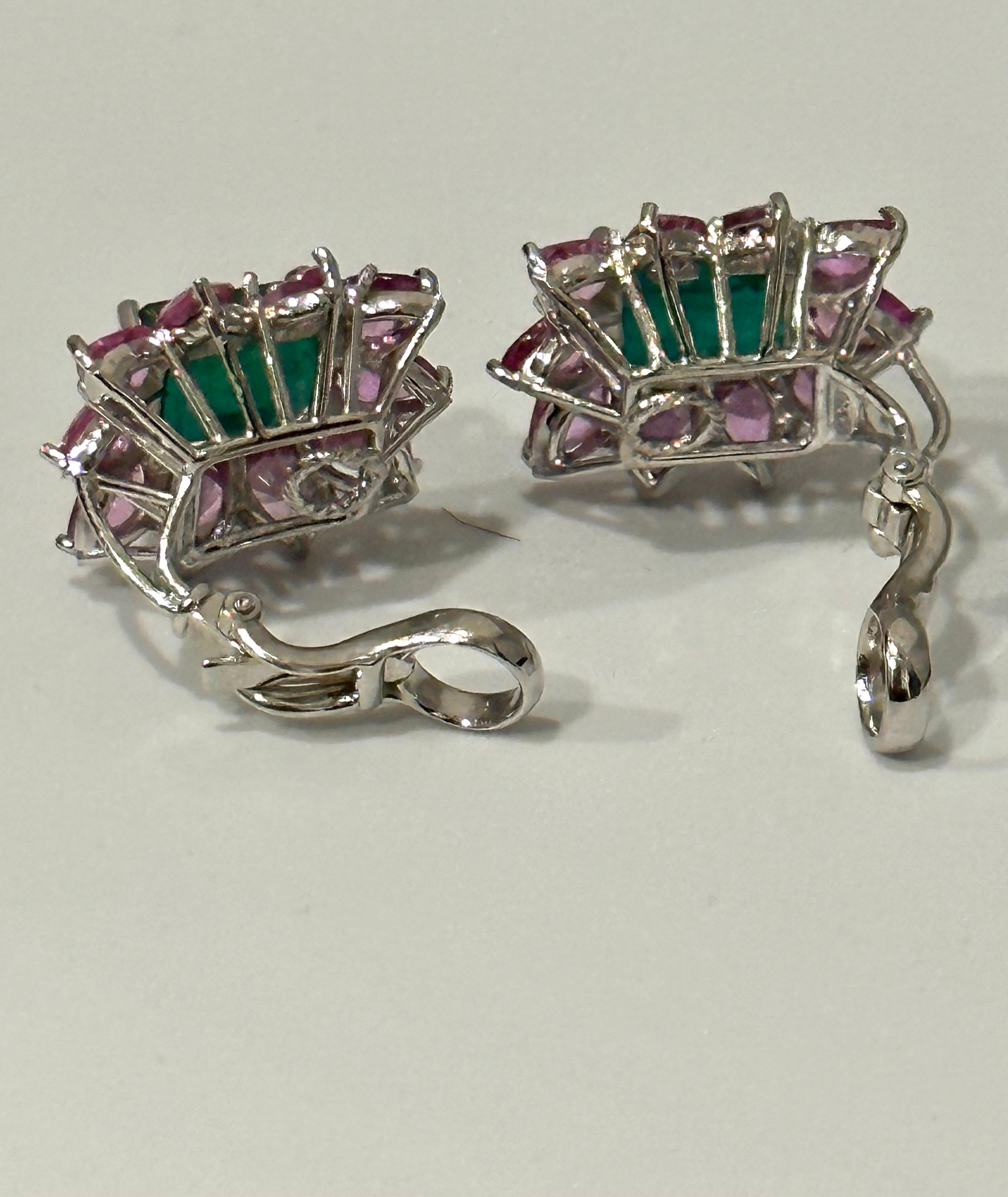 Vintage 5 Ct Natural Emerald Cut Emerald & Pink Sapphire Earrings Platinum 1