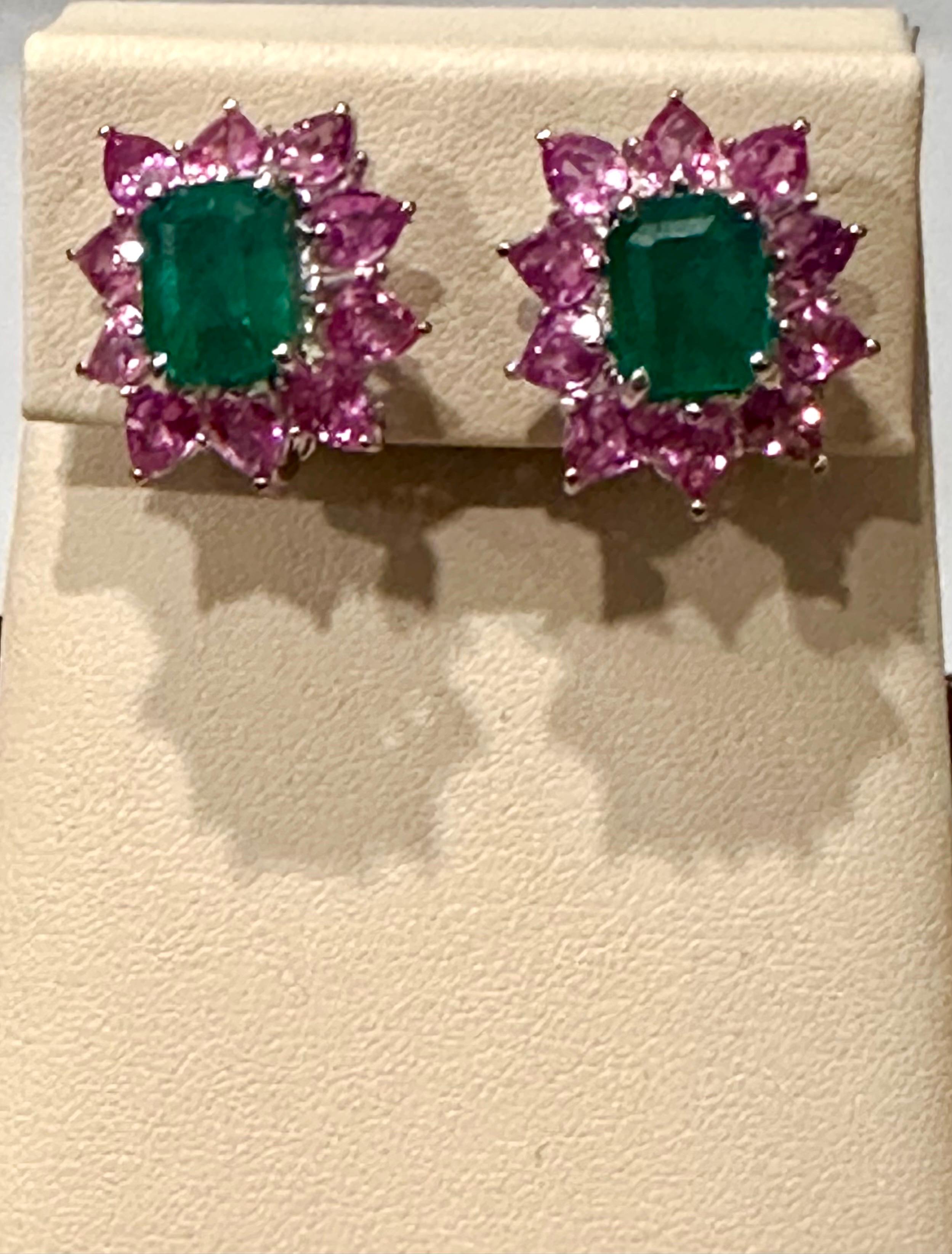 Vintage 5 Ct Natural Emerald Cut Emerald & Pink Sapphire Earrings Platinum 2