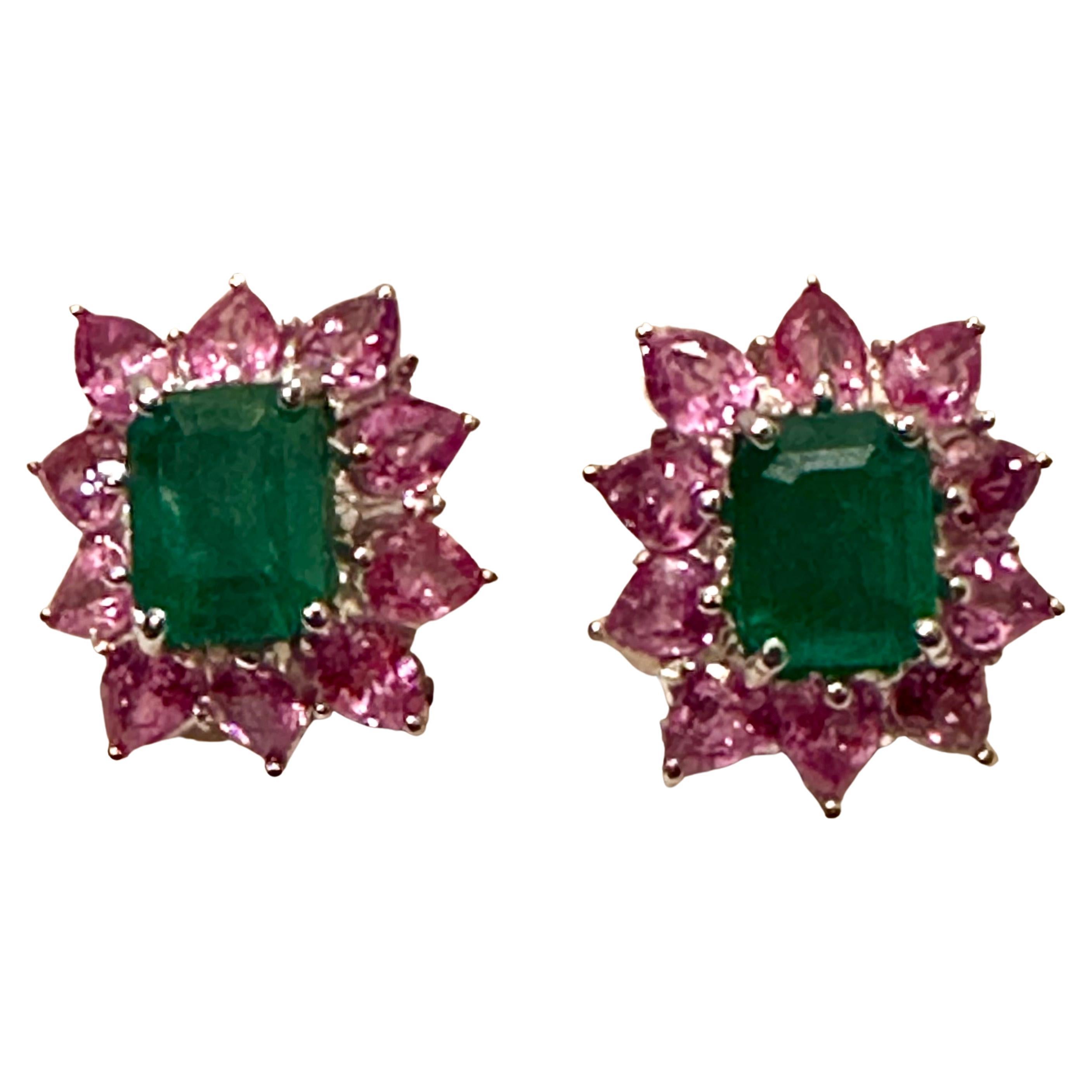 Vintage 5 Ct Natural Emerald Cut Emerald & Pink Sapphire Earrings Platinum