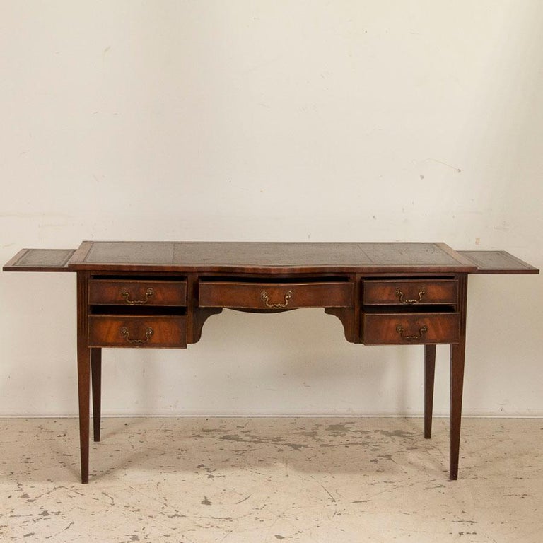 Vintage 5Drawer English Mahogany Writing Desk with Green Leather Top