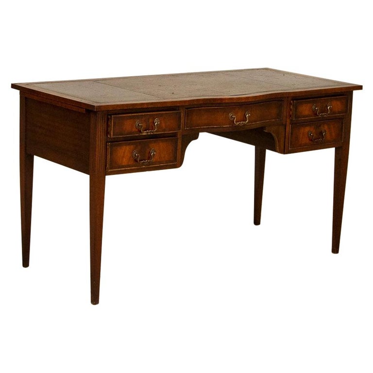 Vintage 5Drawer English Mahogany Writing Desk with Green Leather Top