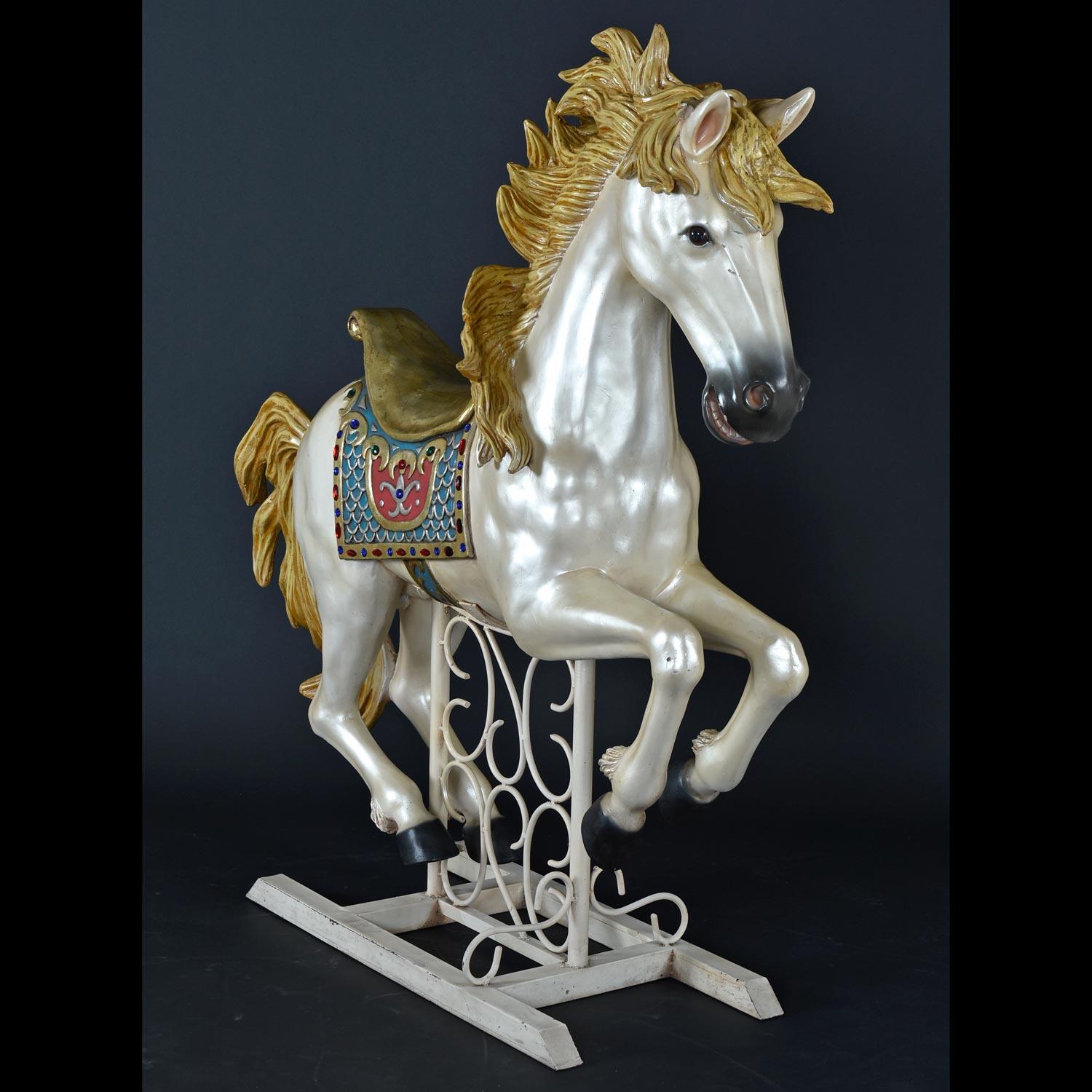 Perfectly captured in all it’s glory, this vintage fiberglass carousel horse is sure to gallop your heart. One look at this radiant mare, and you’ll see why. The animal’s strength and beauty is celebrated with expert anatomical modeling. The dynamic