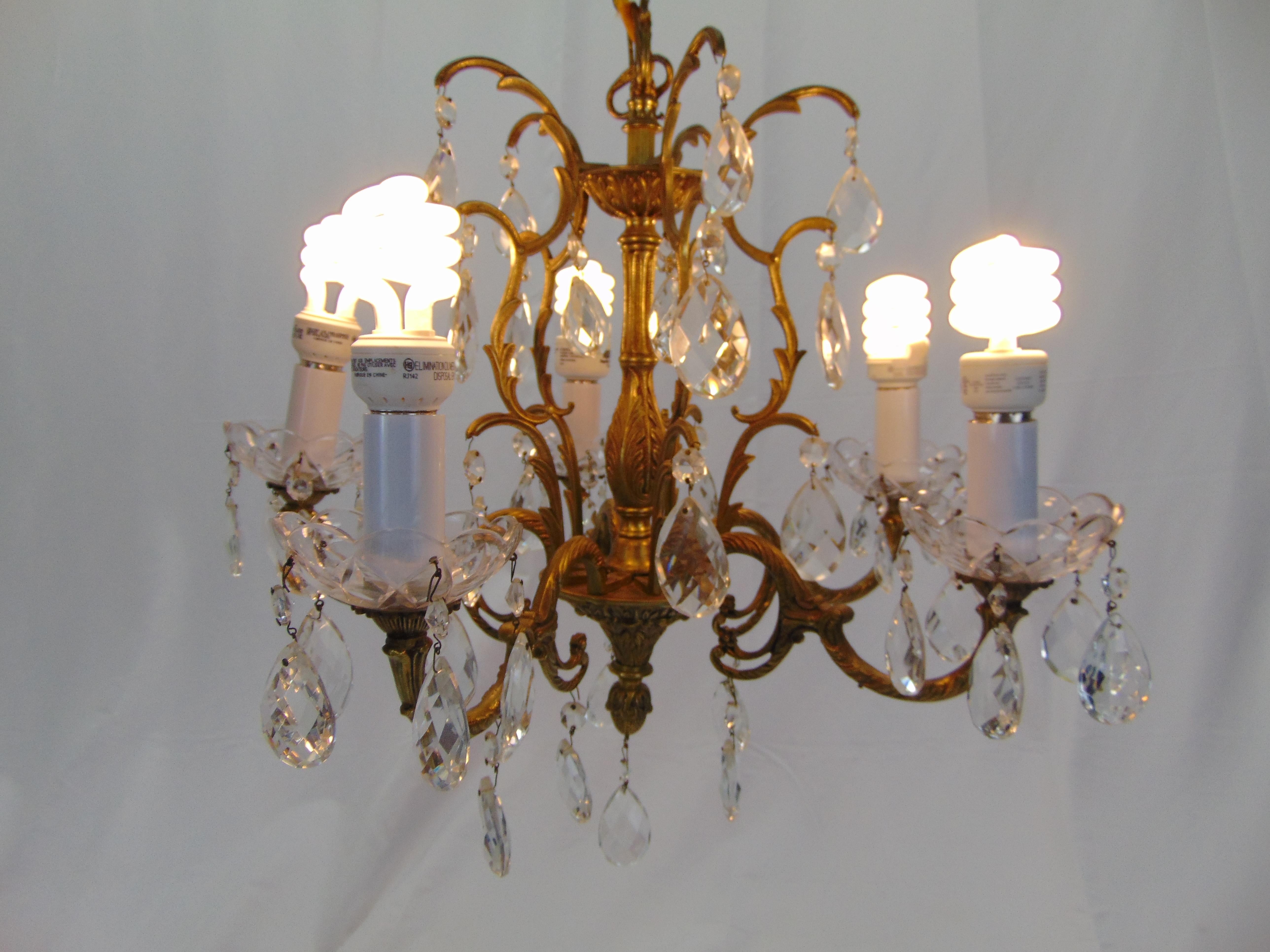Vintage 5-Light Crystal and Brass Chandelier Spain For Sale 6