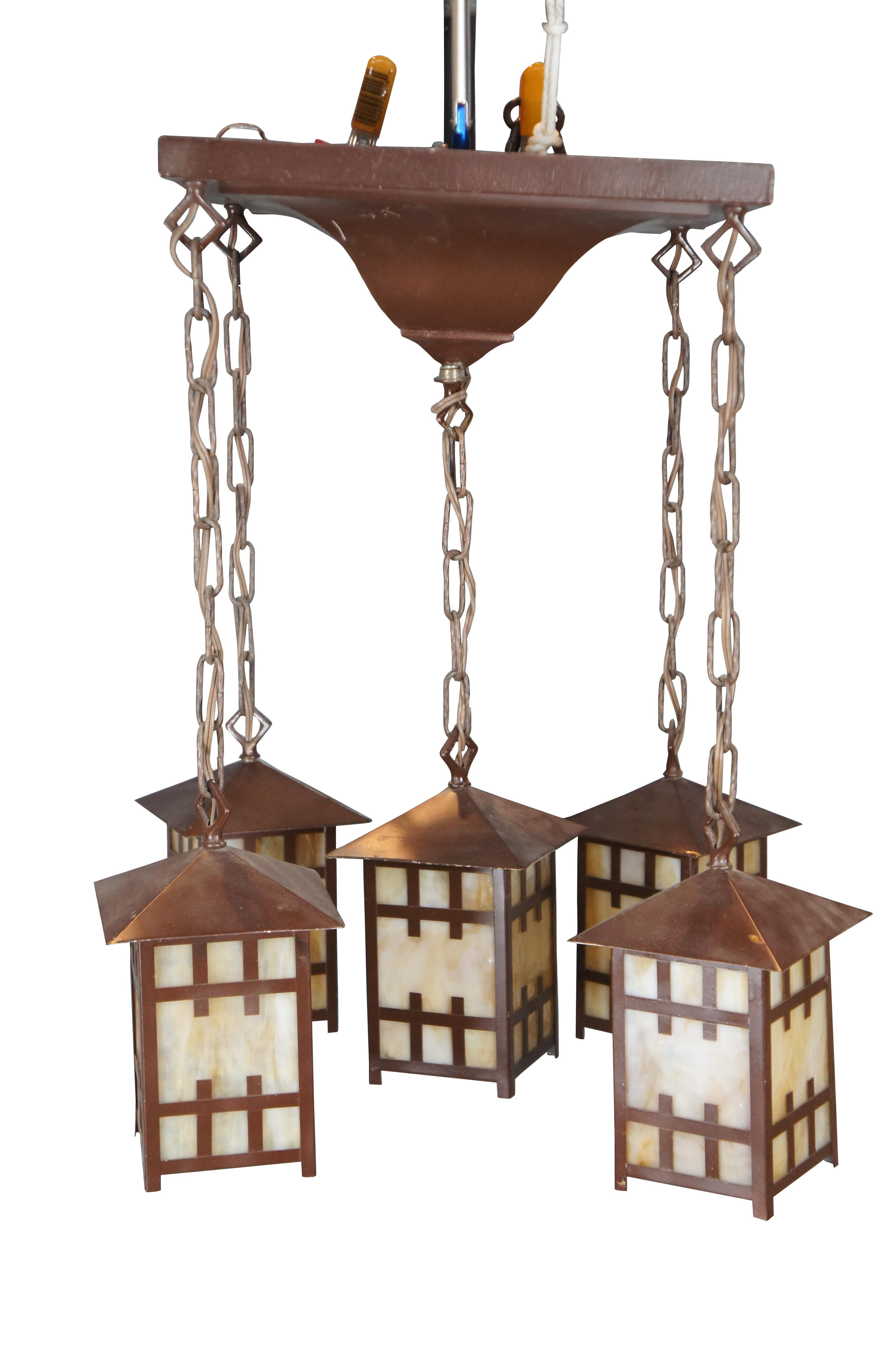 Vintage 5 Light Hanging Arts & Crafts Mission Craftsman Slag Glass Chandelier