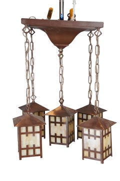 Vintage 5 Light Hanging Arts & Crafts Mission Craftsman Slag Glass Chandelier