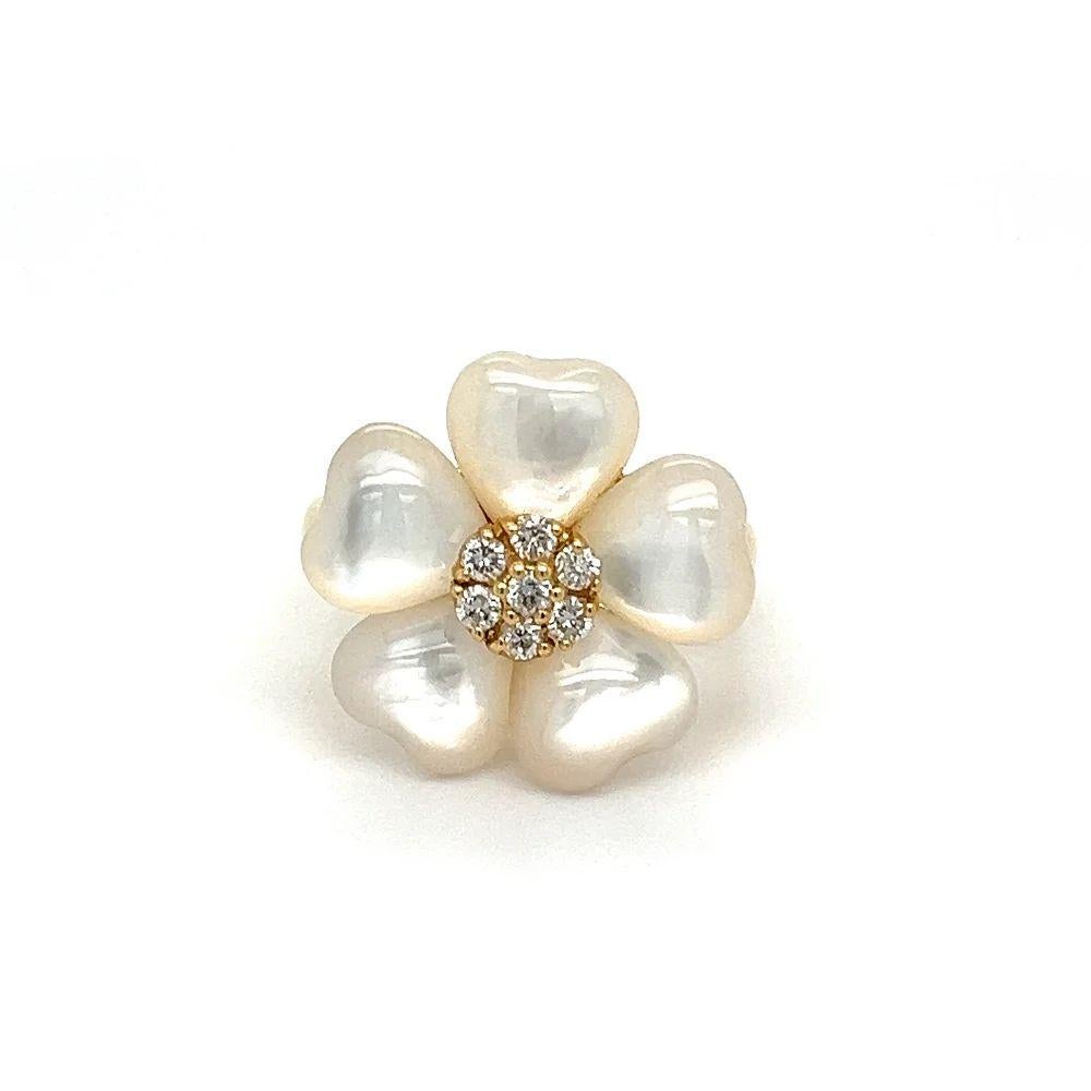 Mixed Cut Vintage 5 Mother of Pearl MOP Heart Flower Petal and Diamond Gold Ring For Sale