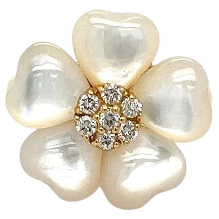 Vintage 5 Mother of Pearl MOP Heart Flower Petal and Diamond Gold Ring For Sale