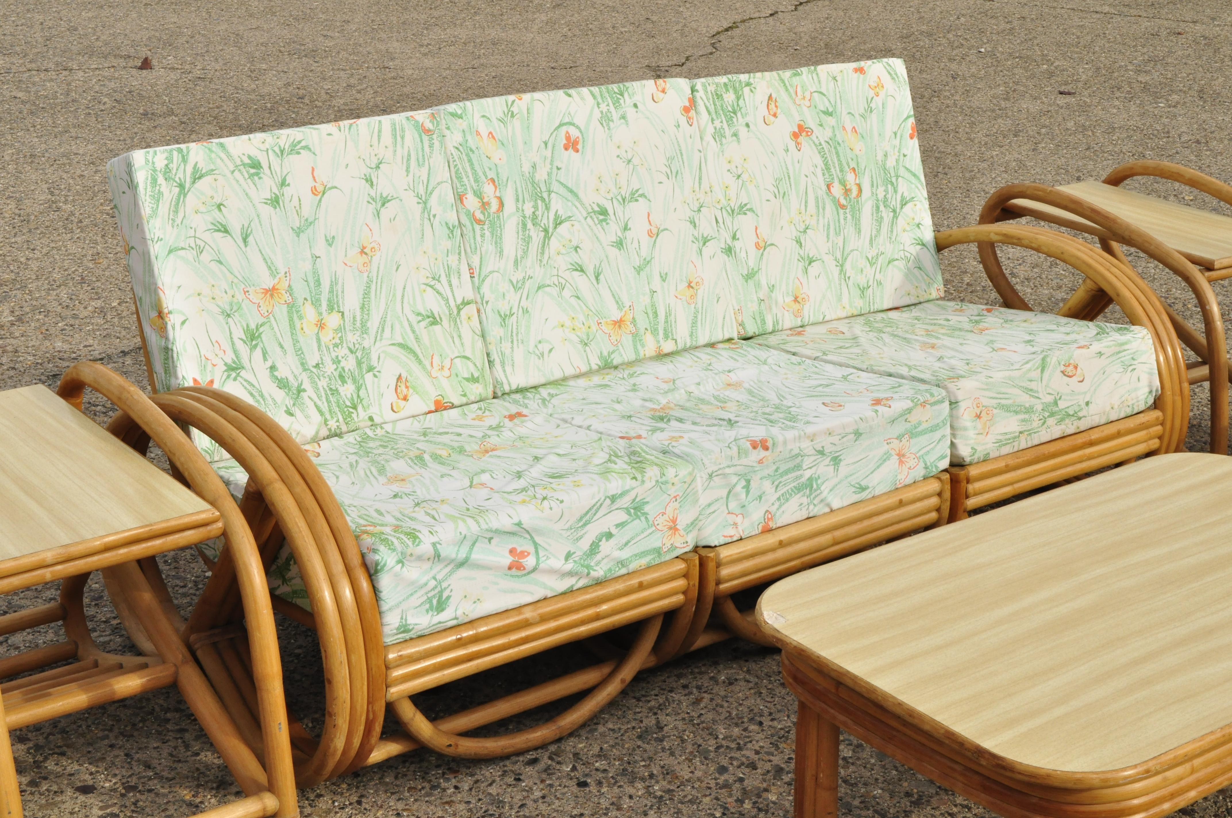 Vintage 5-piece Beverly Hills rattan bamboo pretzel sunroom living room sofa set.
Listing includes original label, circa mid-20th century. Measurements: Sofa 28.5