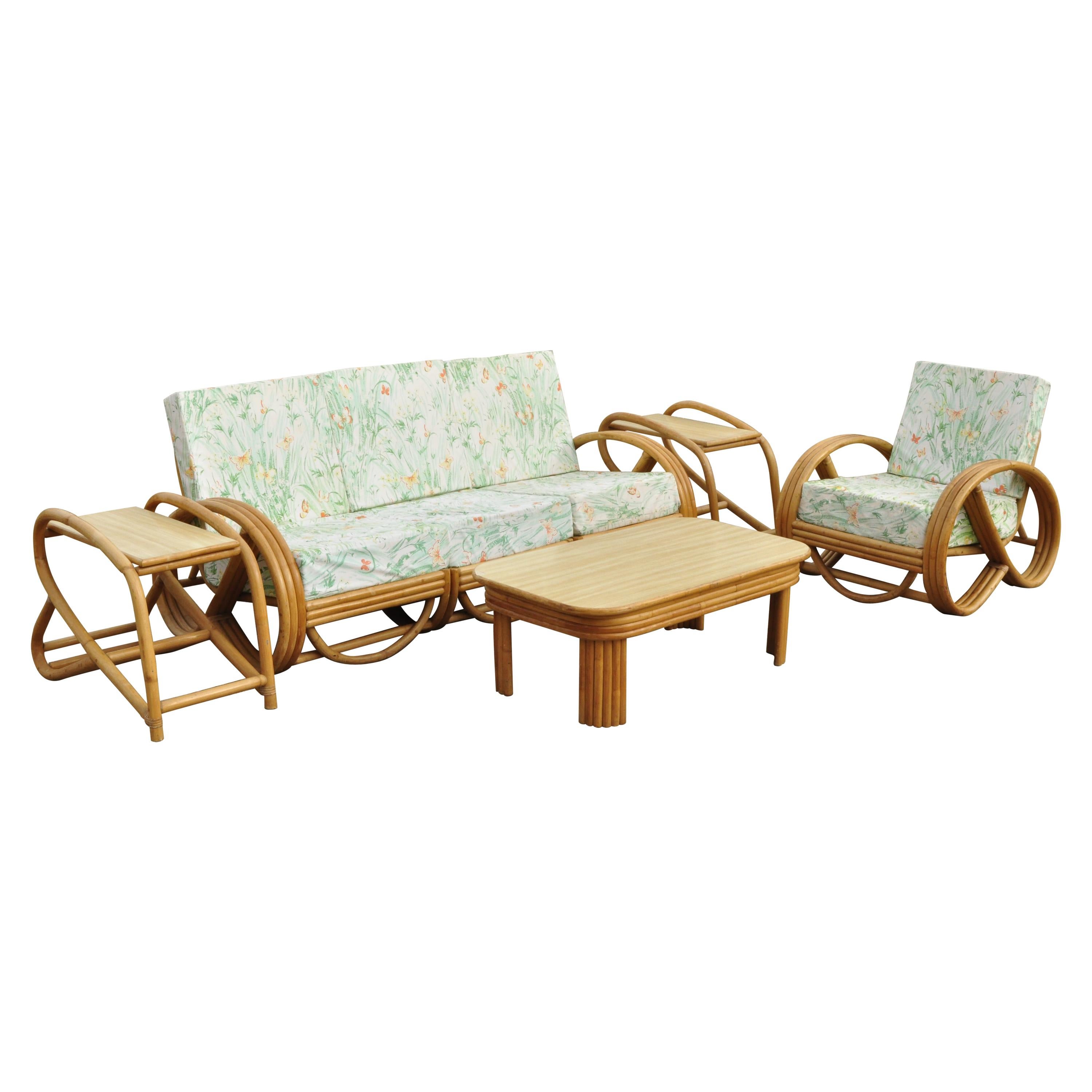 Vintage 5-Piece Beverly Hills Rattan Bamboo Pretzel Sunroom Living Room Sofa Set For Sale