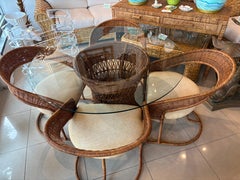 Vintage 5 Pc. Rattan Wicker Dining or Game Table & Barrel Chairs Set