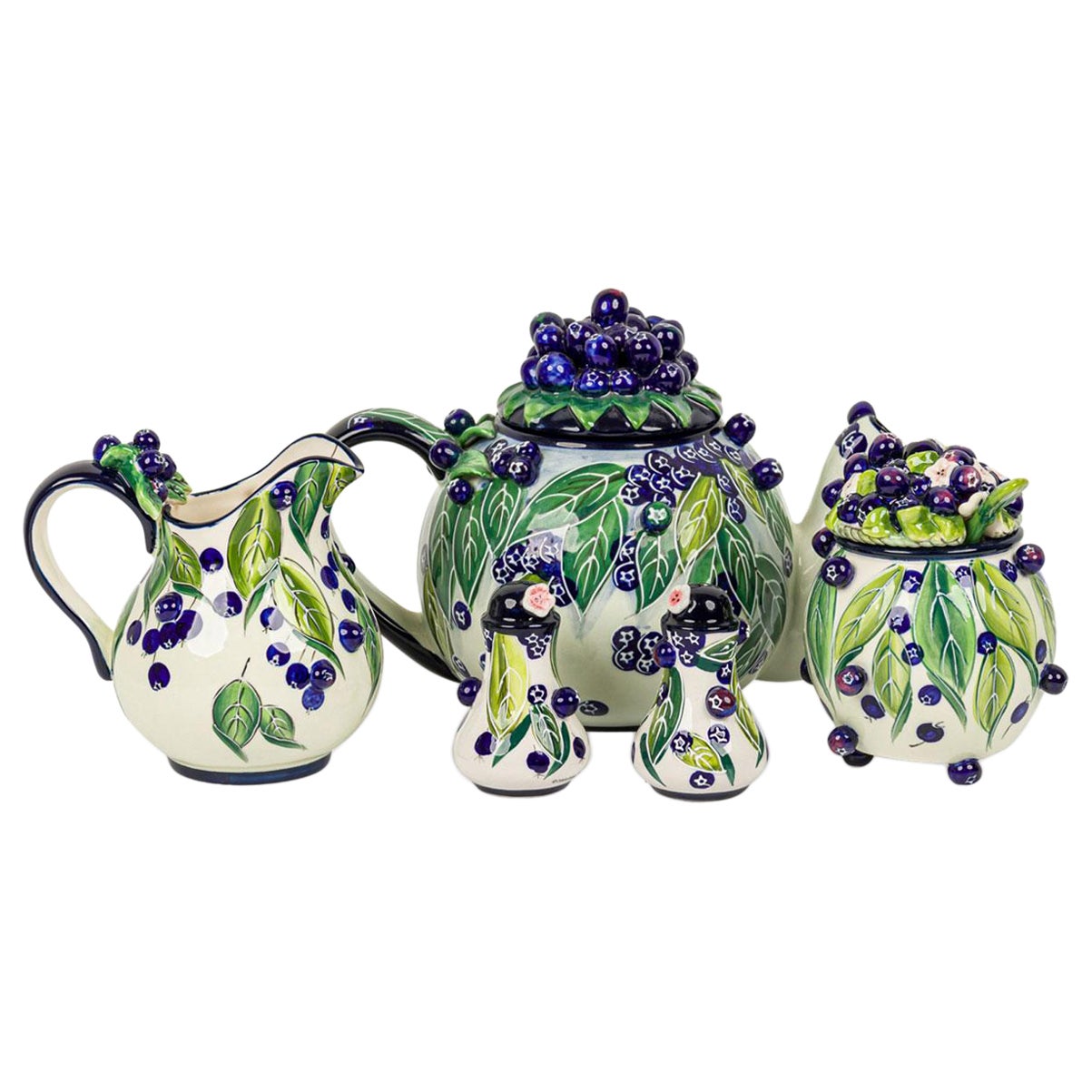 Vintage 5-Piece Blueberry Motif Ceramic Crockery Set