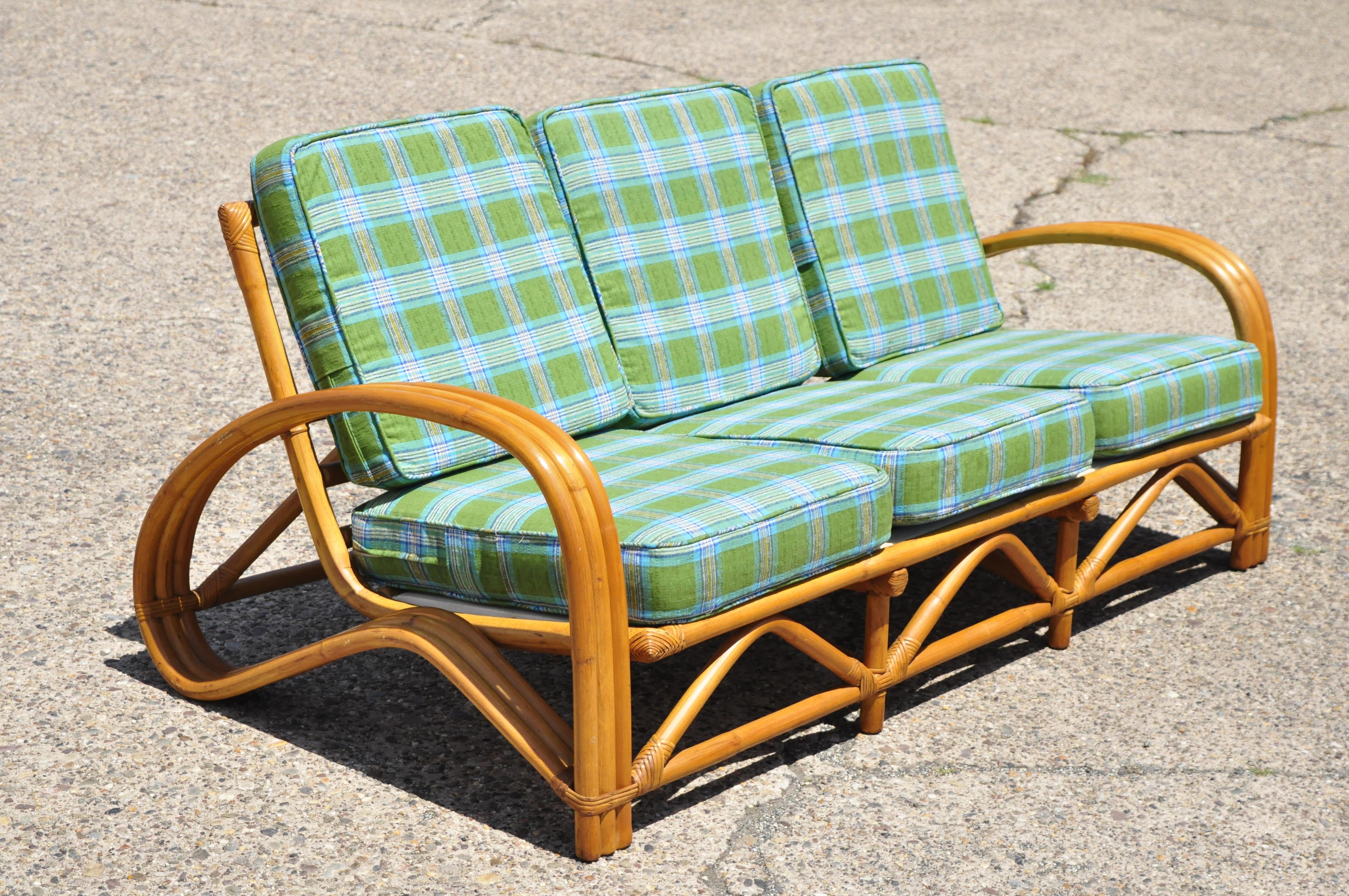 Vintage 5-Piece Rattan Bamboo Pretzel Sunroom Tiki Living Room Sofa Chair Set 2