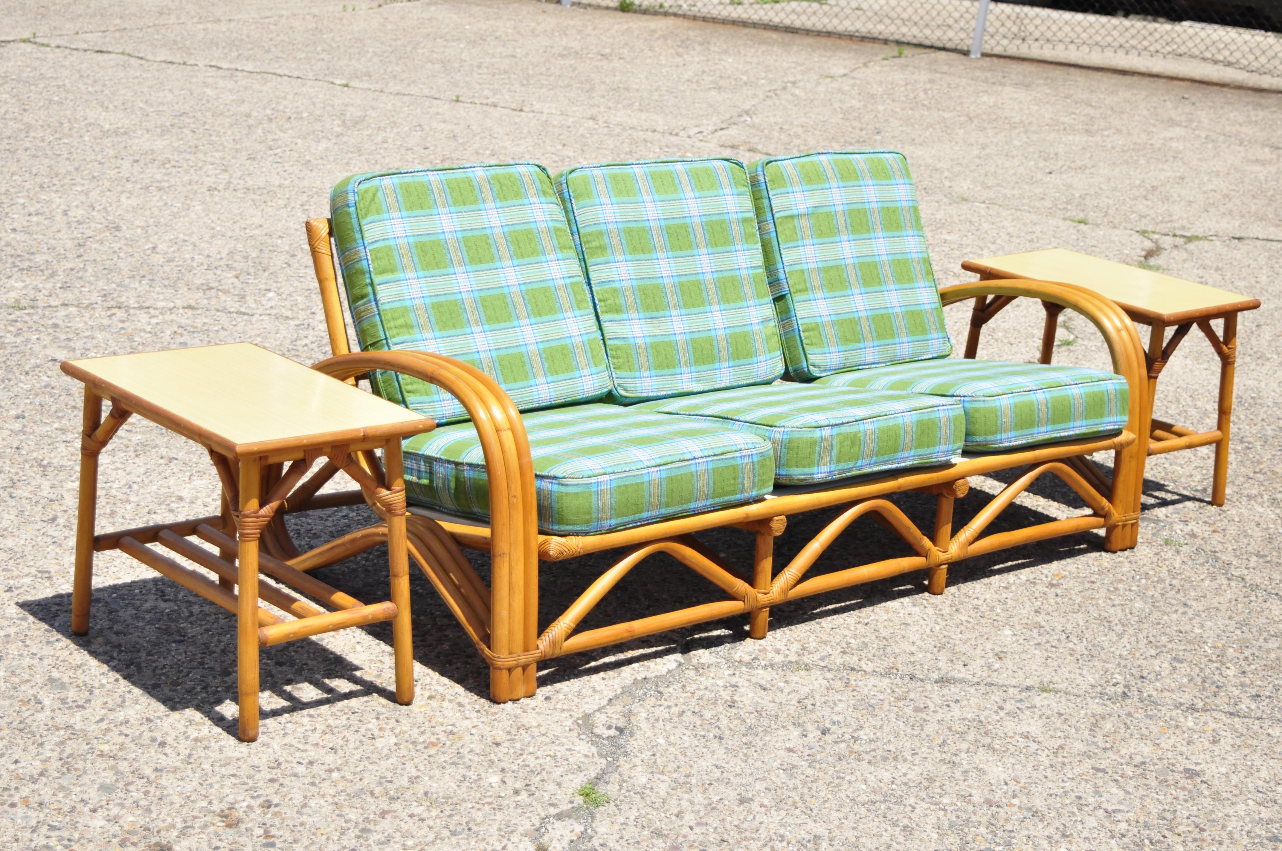 Vintage 5-piece rattan bamboo pretzel sunroom Tiki living room sofa chair set. Listing includes a reclining chair with ottoman, pair of end tables with laminate tops, 3-seat sofa, very nice vintage set, great style and form, circa mid-20th century.