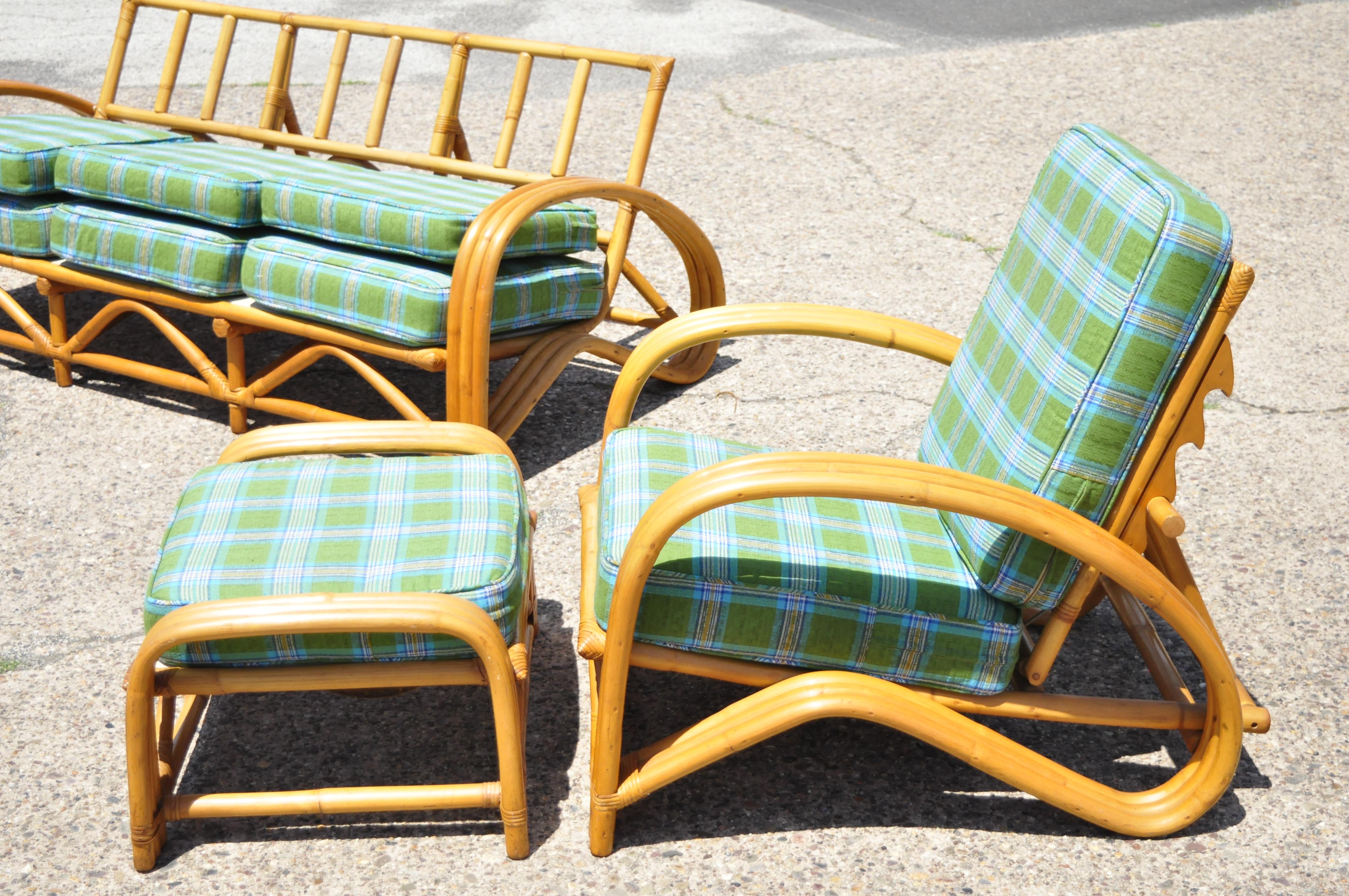 North American Vintage 5-Piece Rattan Bamboo Pretzel Sunroom Tiki Living Room Sofa Chair Set