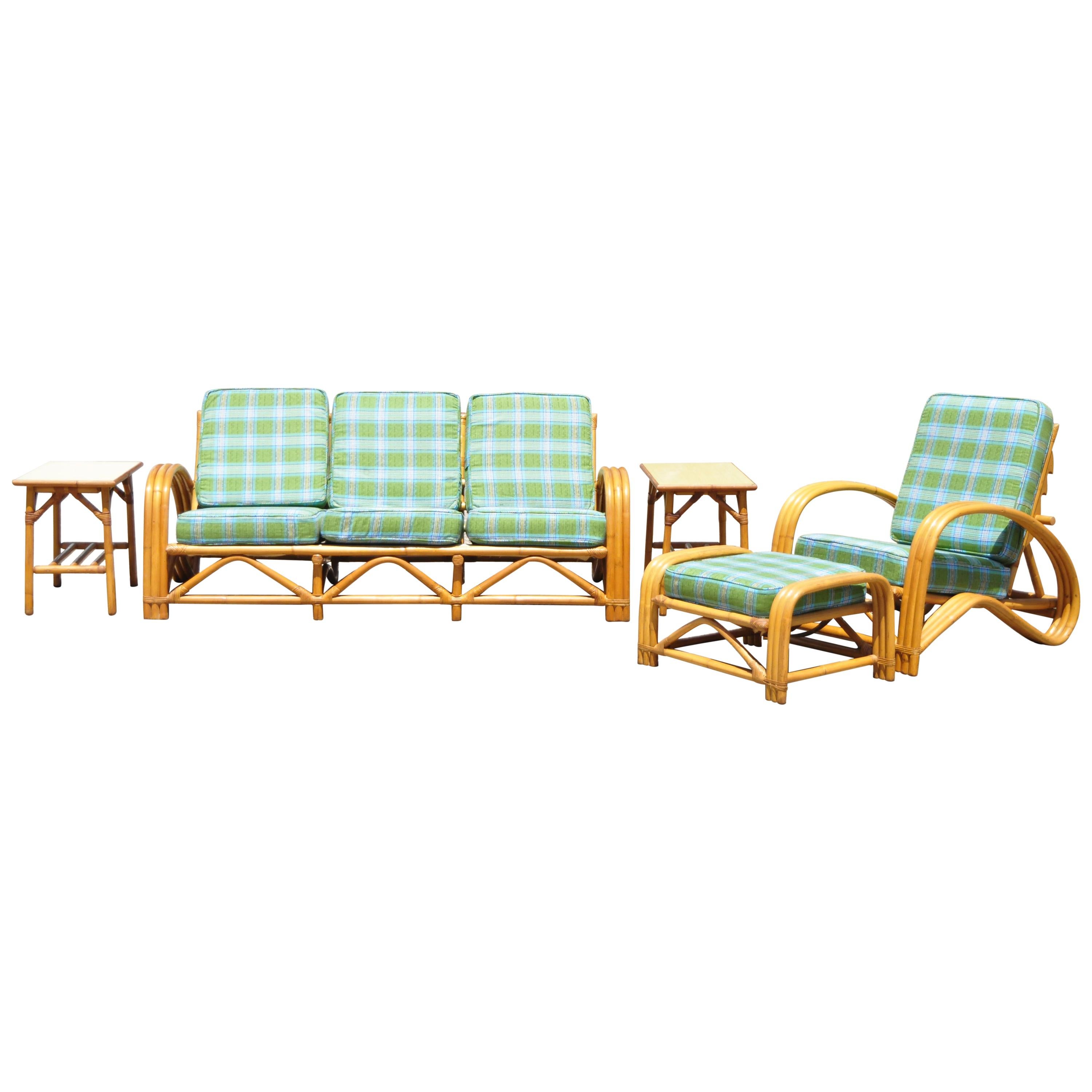 Vintage 5-Piece Rattan Bamboo Pretzel Sunroom Tiki Living Room Sofa Chair Set