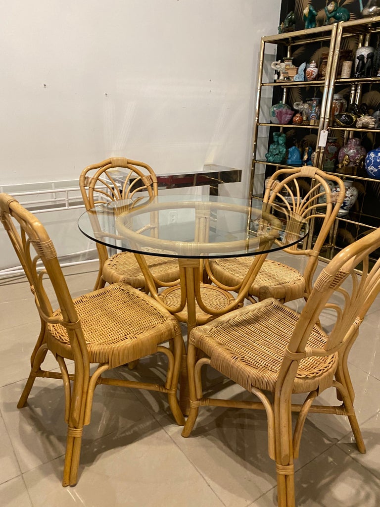 Vintage 5 Piece Rattan and Wicker Dining Set Table and Chairs