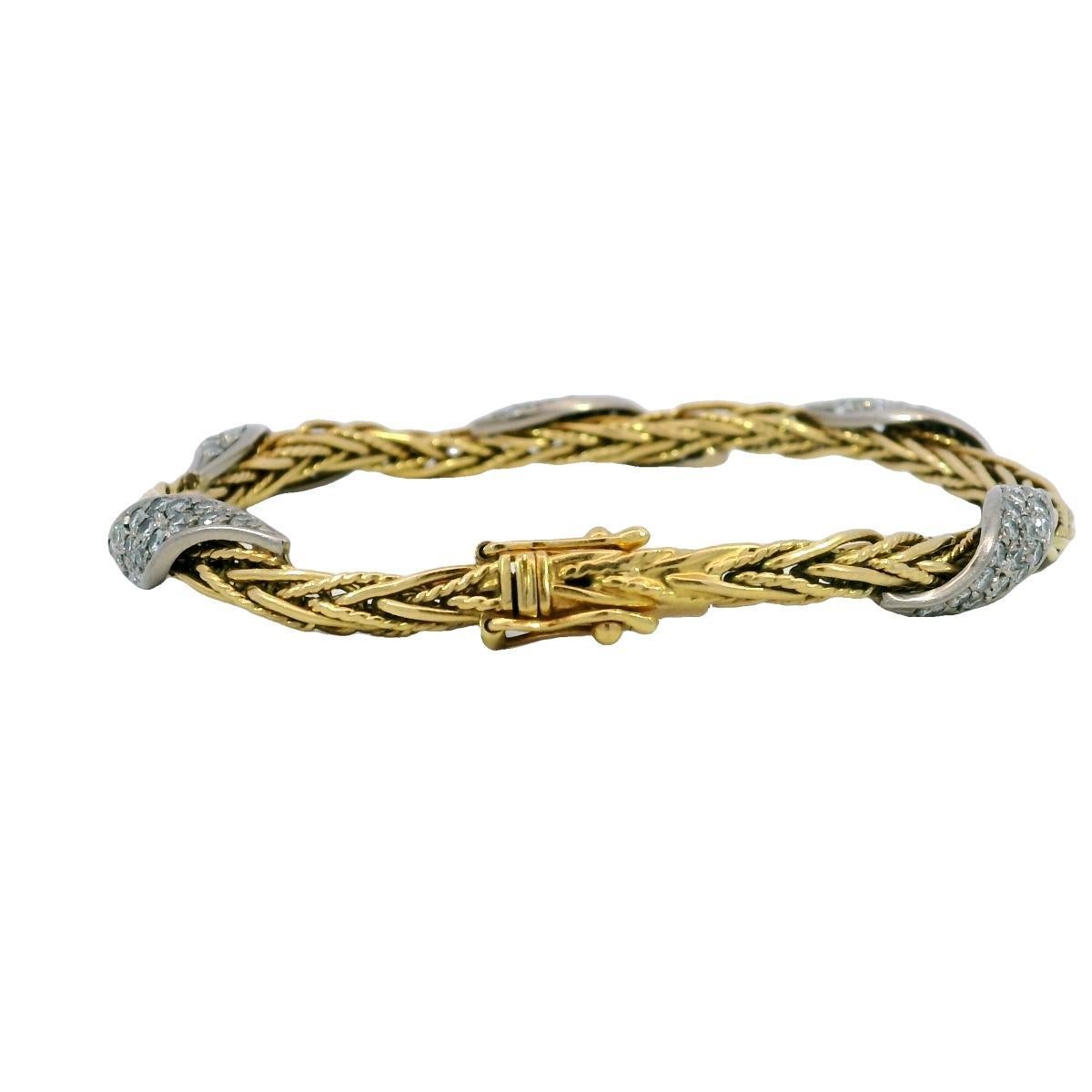 Bracciale vintage a 5 file di diamanti intrecciati in oro 18 carati di produzione tedesca, misura 6,75