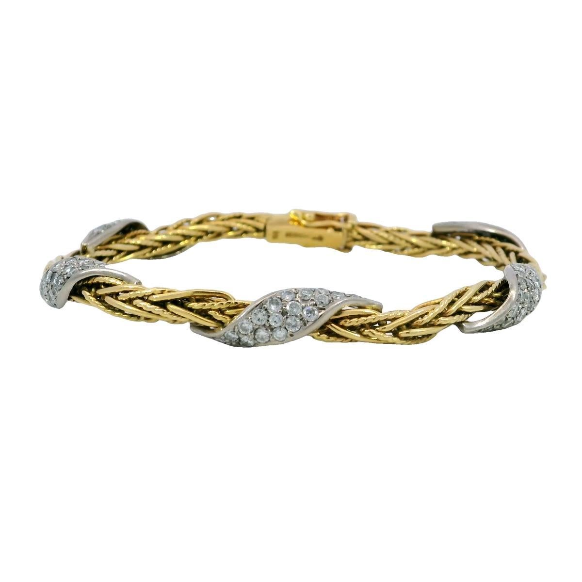 Bracciale vintage a 5 file di diamanti intrecciati in oro 18 carati di produzione tedesca, misura 6,75