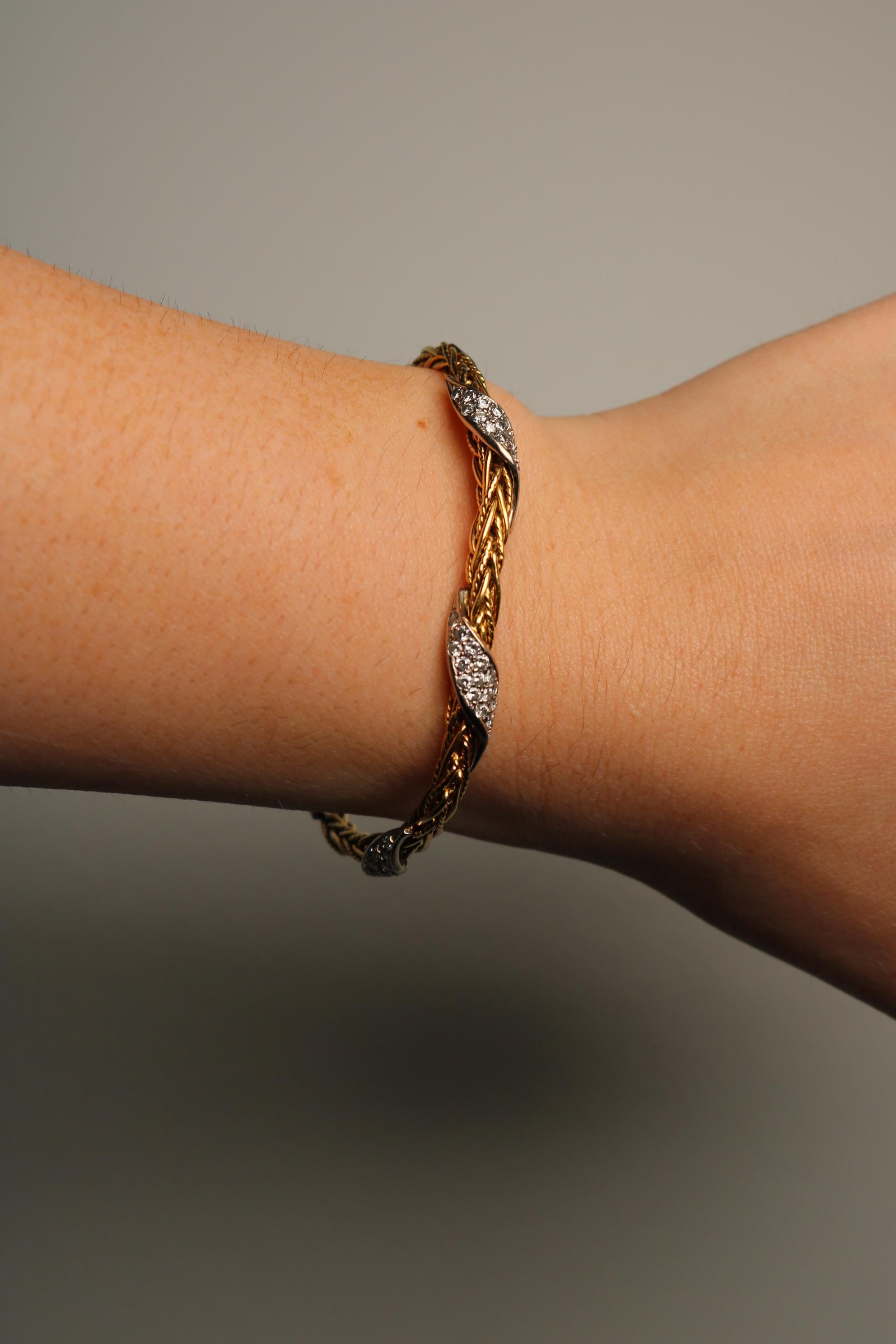 Bracciale vintage a 5 file di diamanti intrecciati in oro 18 carati di produzione tedesca, misura 6,75