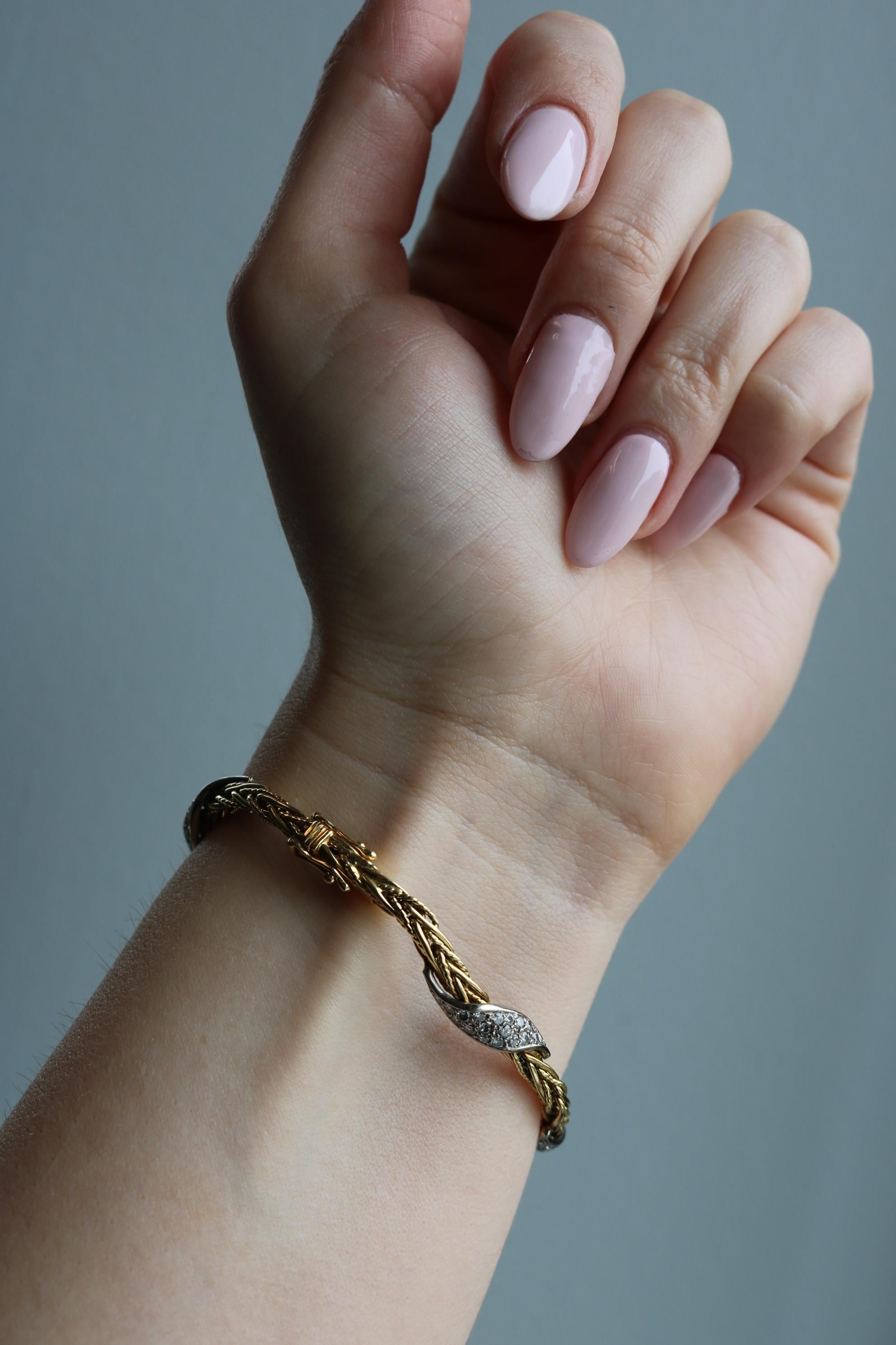 Bracciale vintage a 5 file di diamanti intrecciati in oro 18 carati di produzione tedesca, misura 6,75