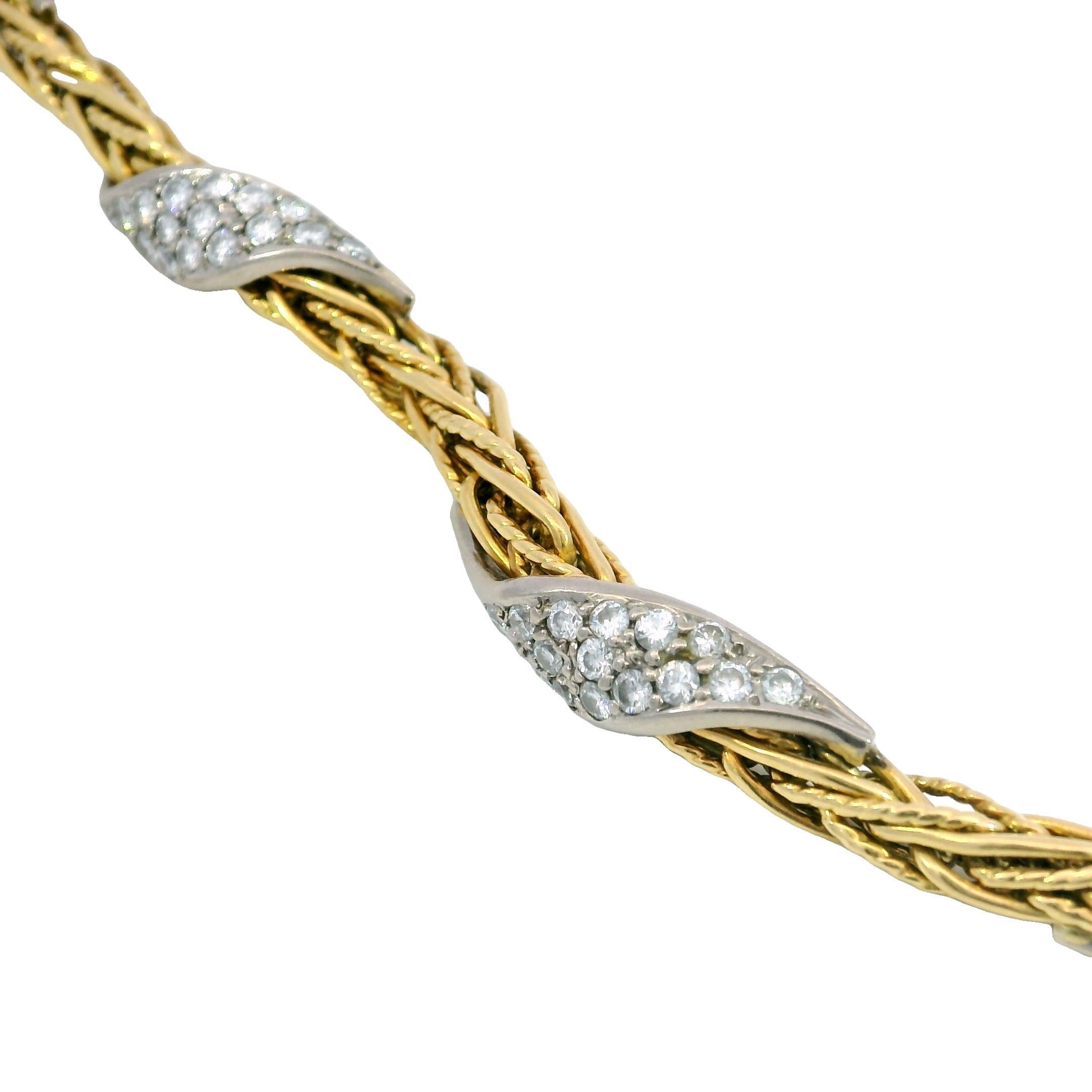 Contemporaneo Bracciale vintage a 5 file di diamanti intrecciati in oro 18 carati di produzione tedesca, misura 6,75