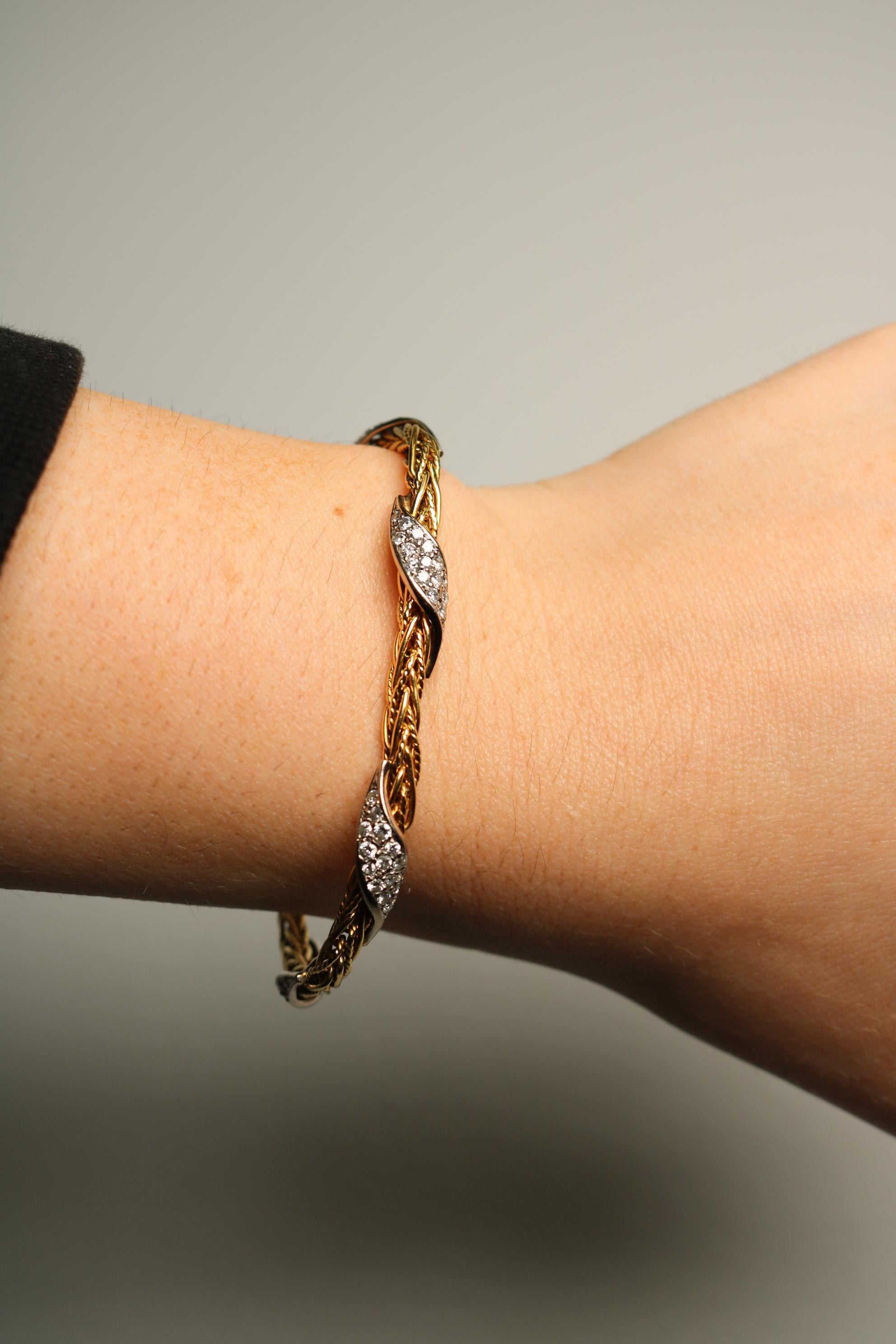 Taglio rotondo Bracciale vintage a 5 file di diamanti intrecciati in oro 18 carati di produzione tedesca, misura 6,75