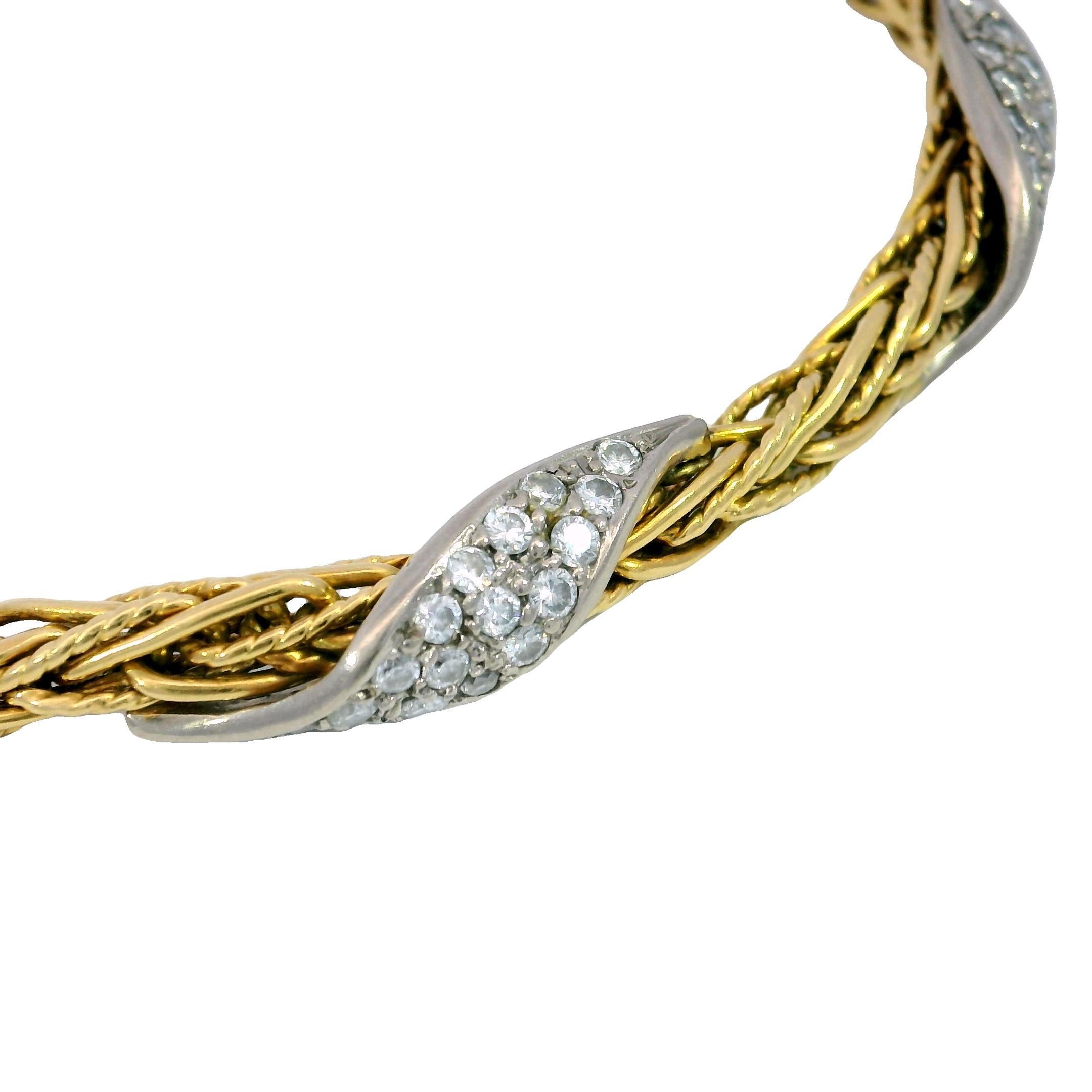 Bracciale vintage a 5 file di diamanti intrecciati in oro 18 carati di produzione tedesca, misura 6,75