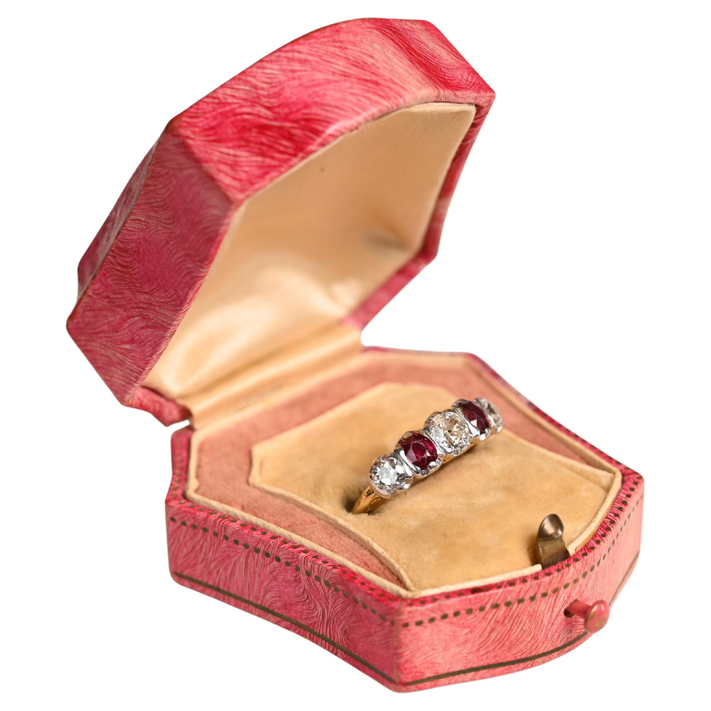 Vintage 5 Stone Diamond (Approx. 1-Carat) and Ruby Engagement Ring, Yellow Gold