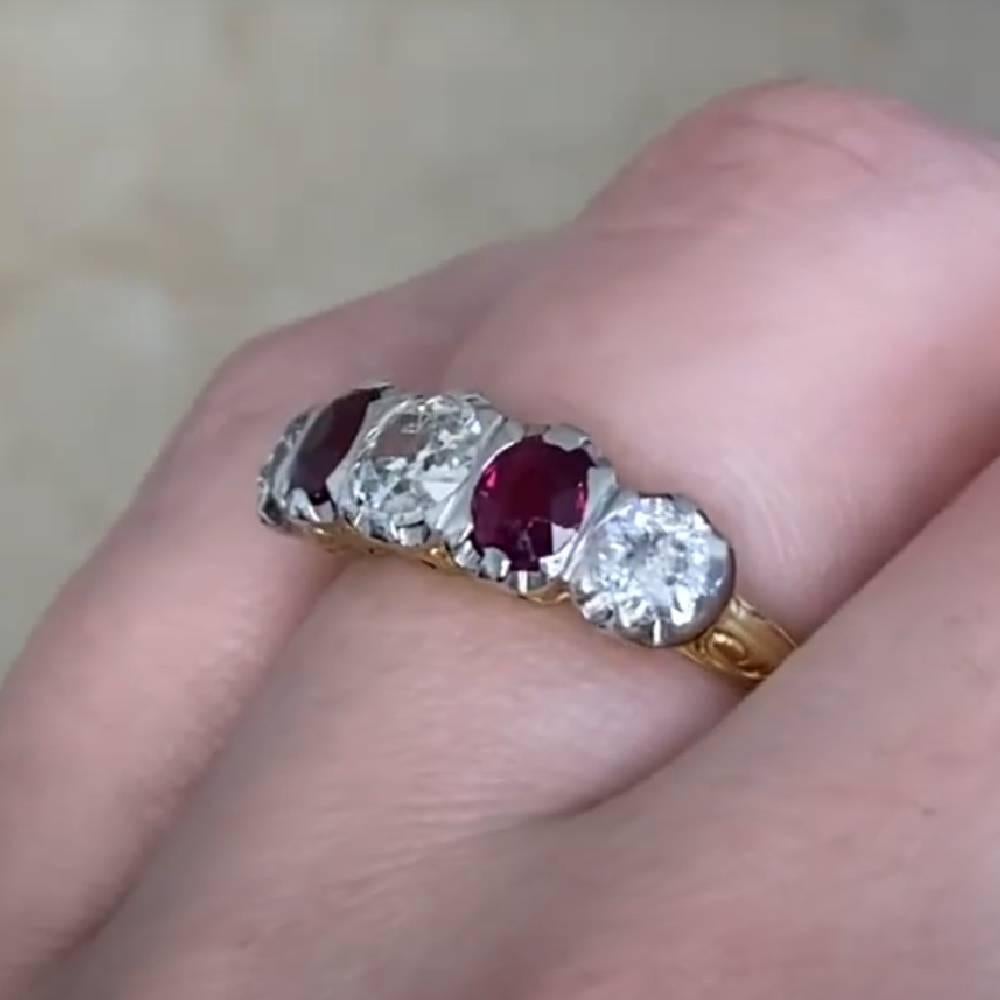 Old European Cut Vintage 5 Stone Diamond (Approx. 1-Carat) and Ruby Engagement Ring, Yellow Gold For Sale